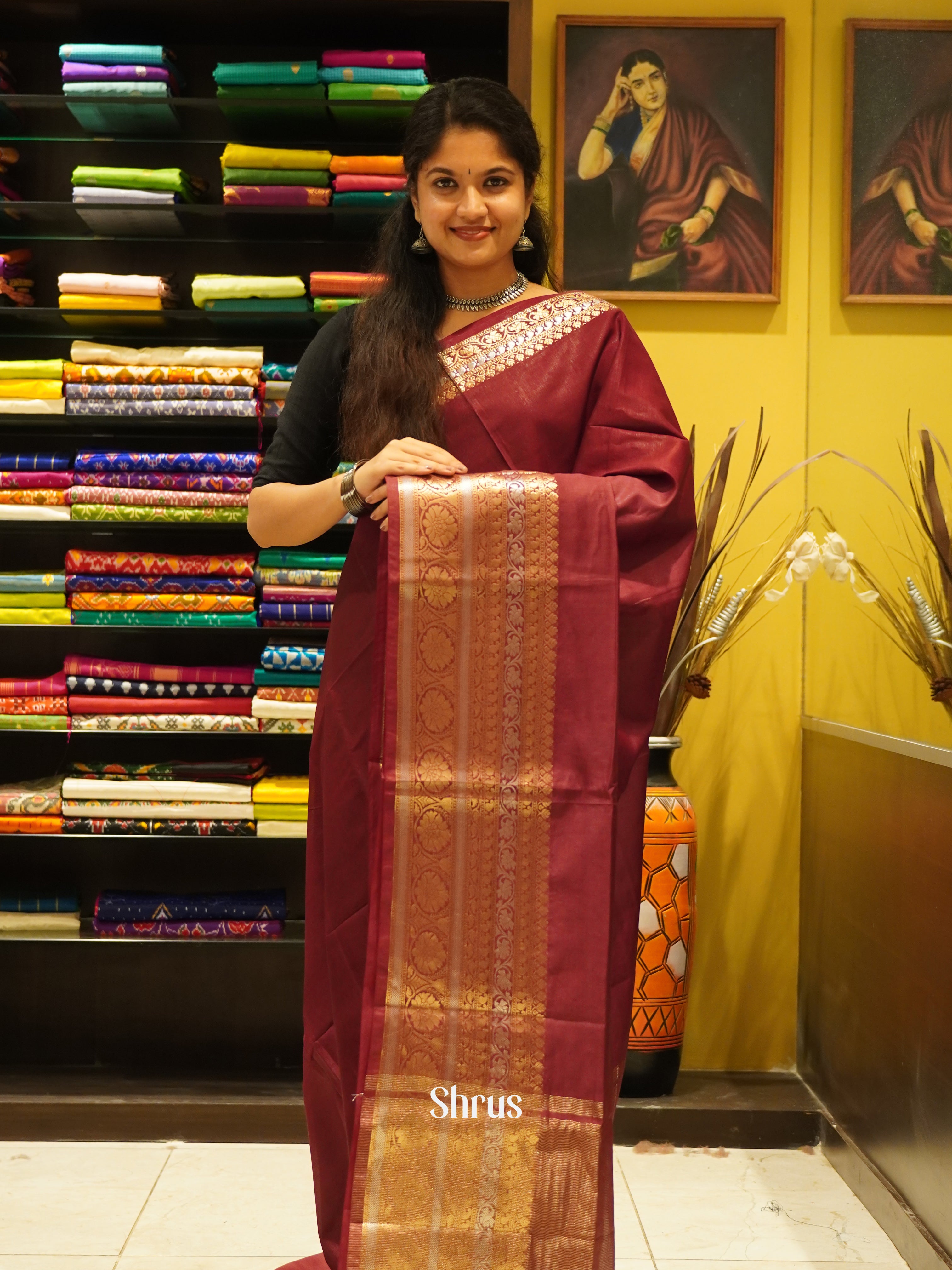 Maroon(Single tone) - Semi Tussar Saree - Shop on ShrusEternity.com