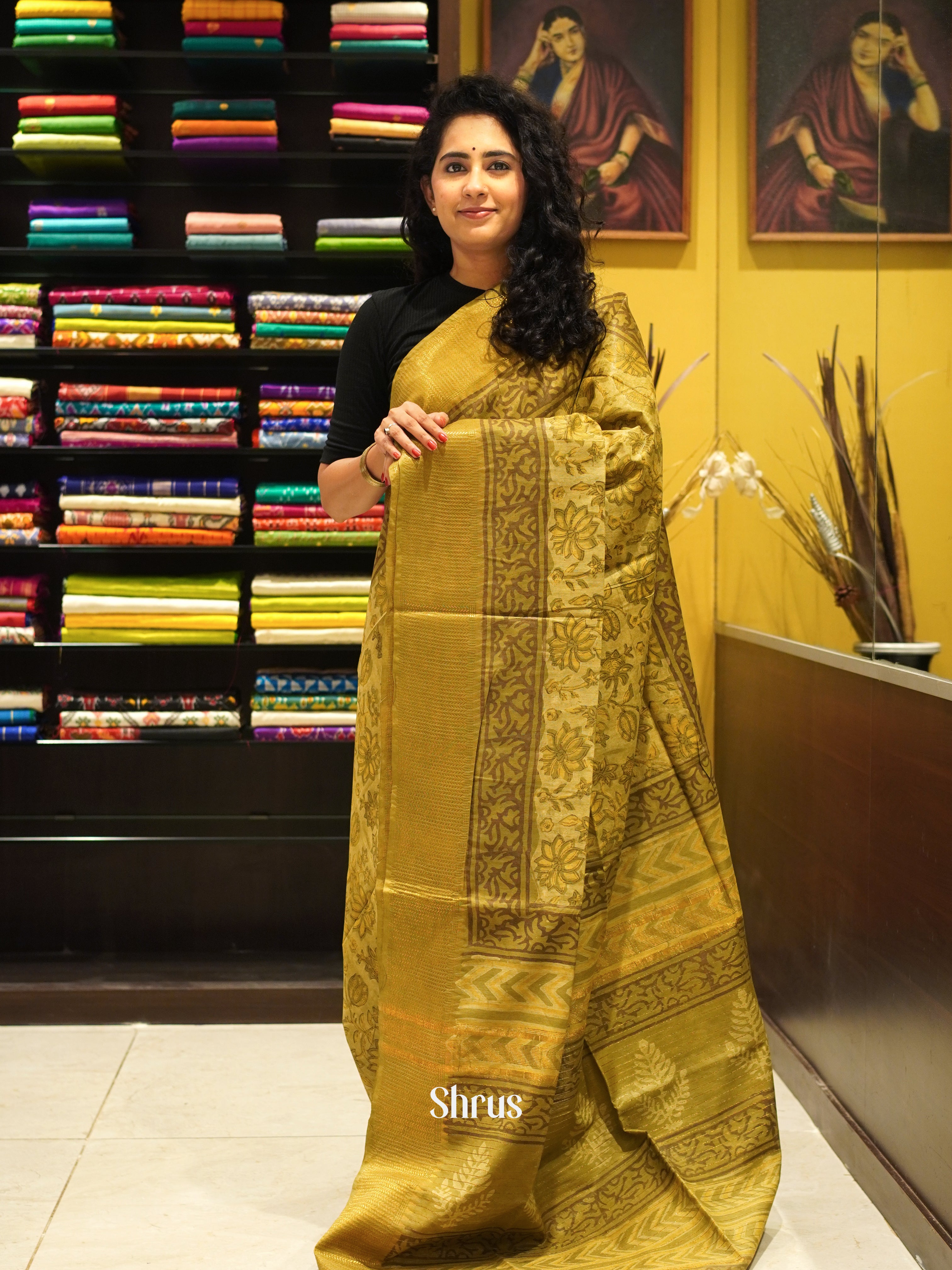 Mustardy Green(Single Tone) - Semi Chanderi Saree - Shop on ShrusEternity.com