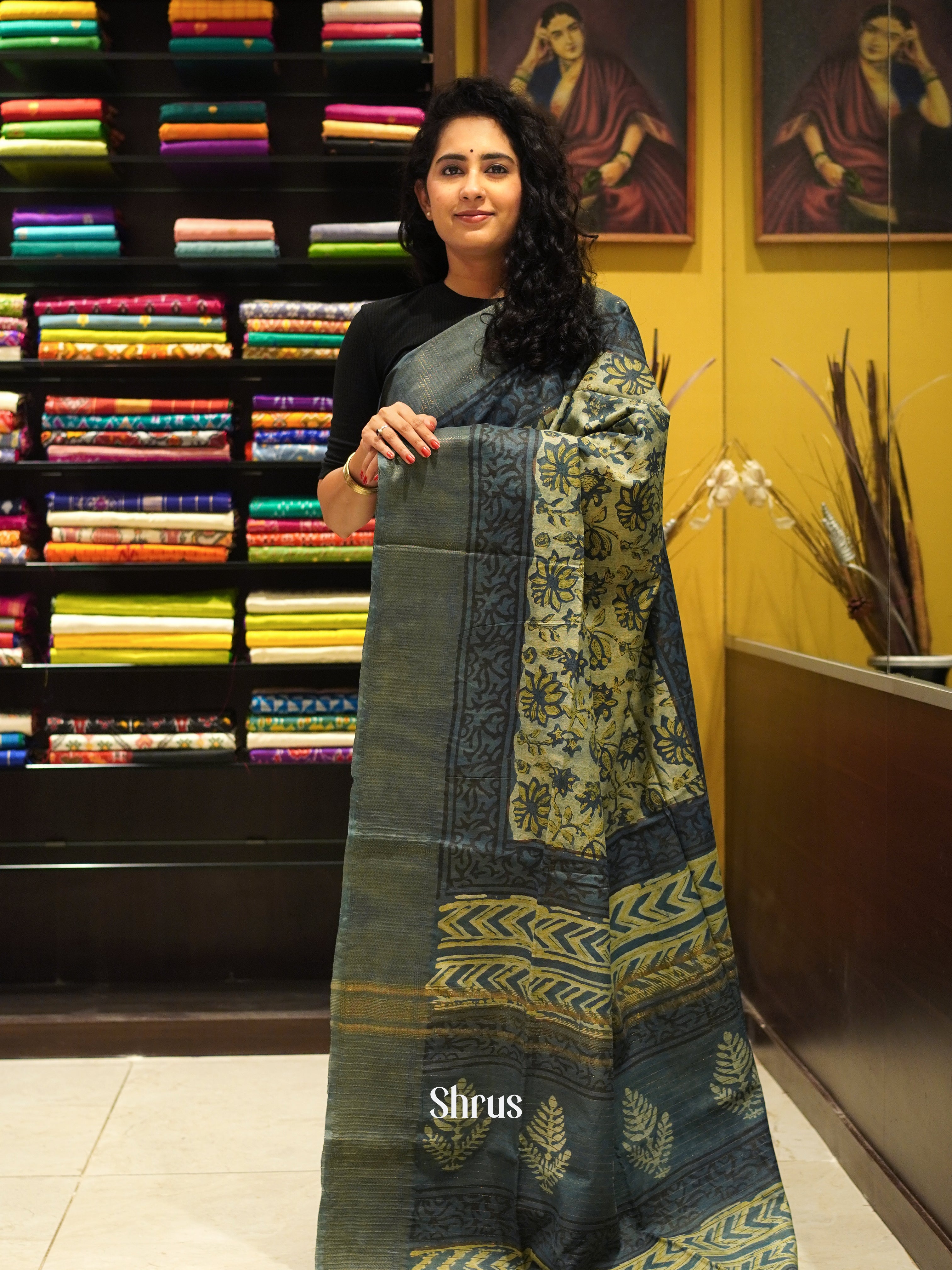 Cream & Grey - Semi Chanderi Saree - Shop on ShrusEternity.com