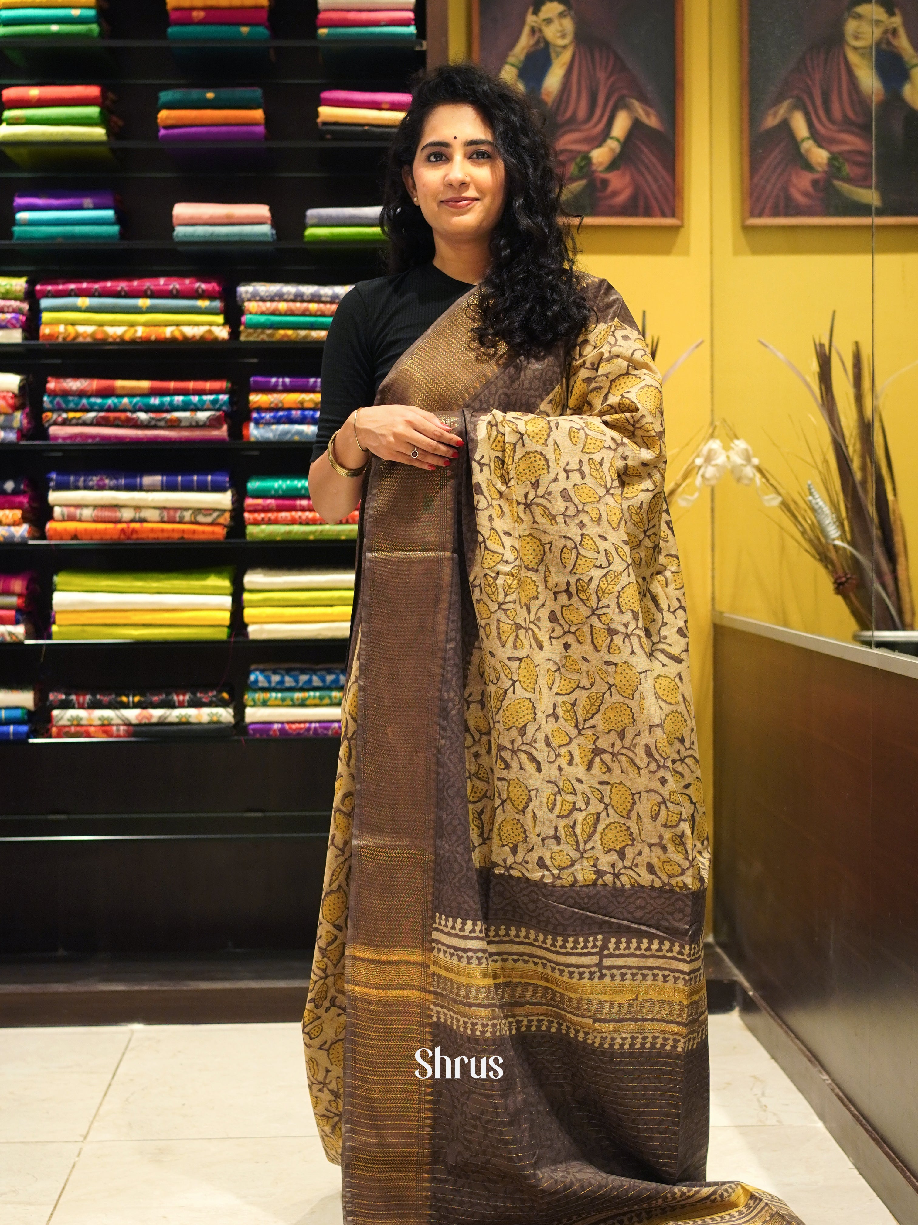 Cream & Grey - Semi Chanderi Saree - Shop on ShrusEternity.com