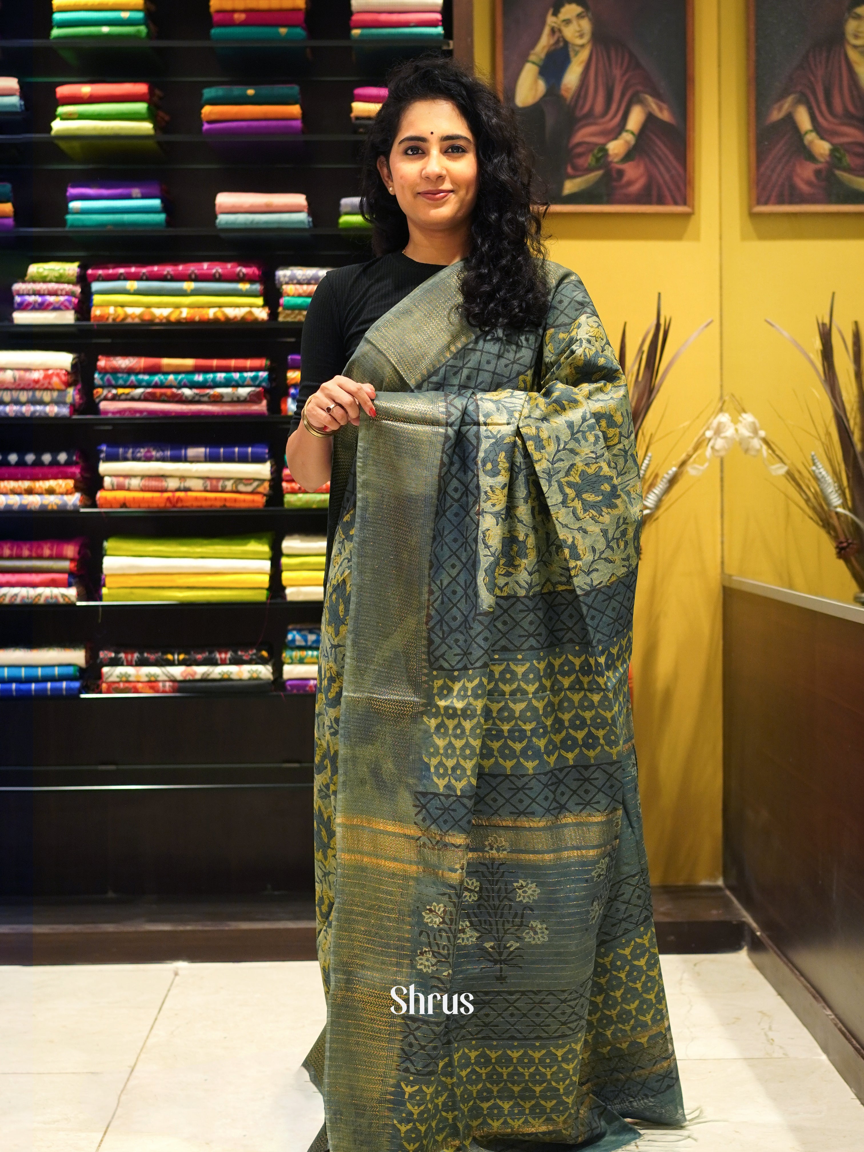 Grey  - Semi Chanderi Saree - Shop on ShrusEternity.com