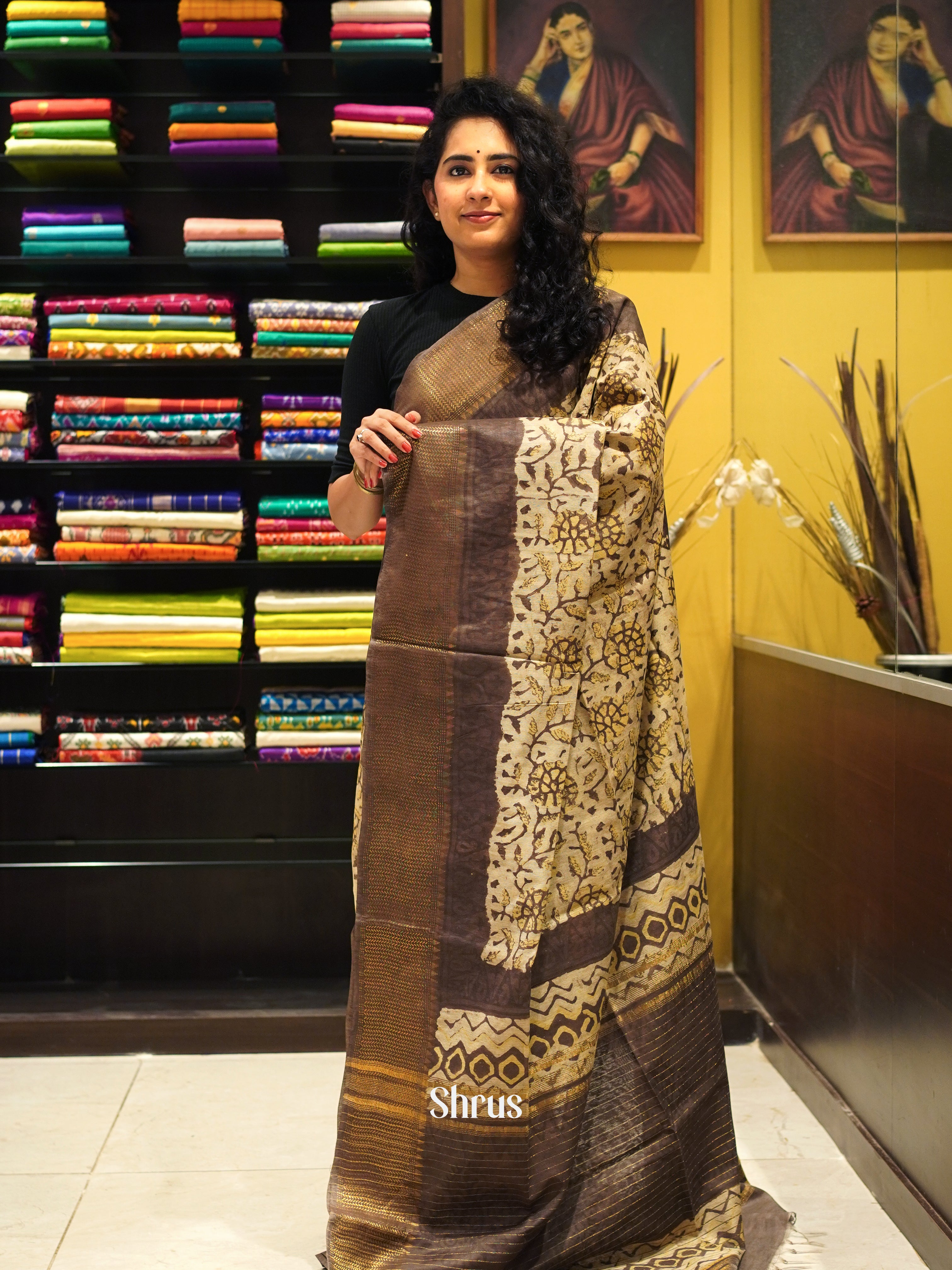 Cream & Brown - Semi Chanderi Saree - Shop on ShrusEternity.com