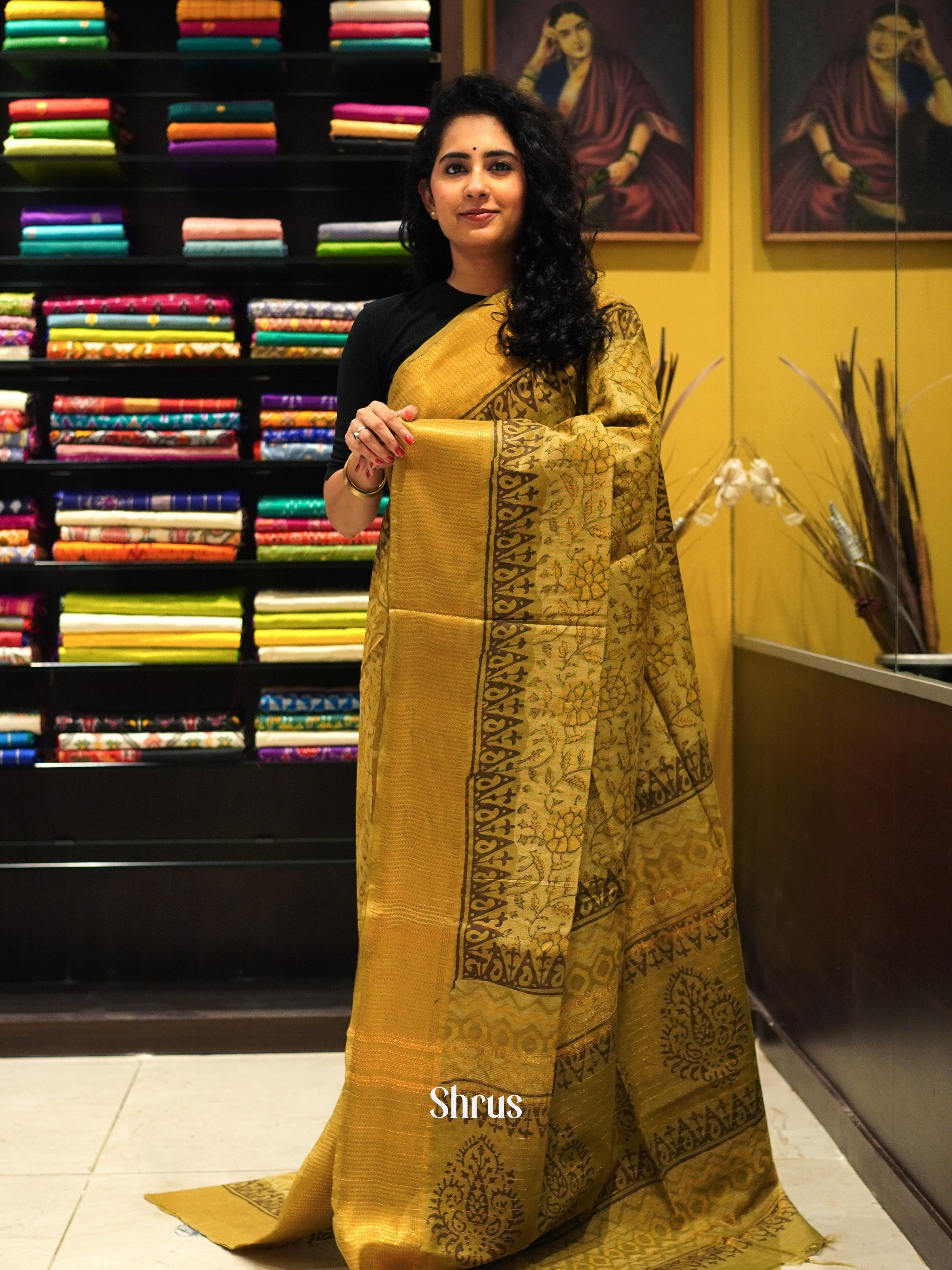 Mustardy Green(Single tone) - Semi Chanderi Saree - Shop on ShrusEternity.com