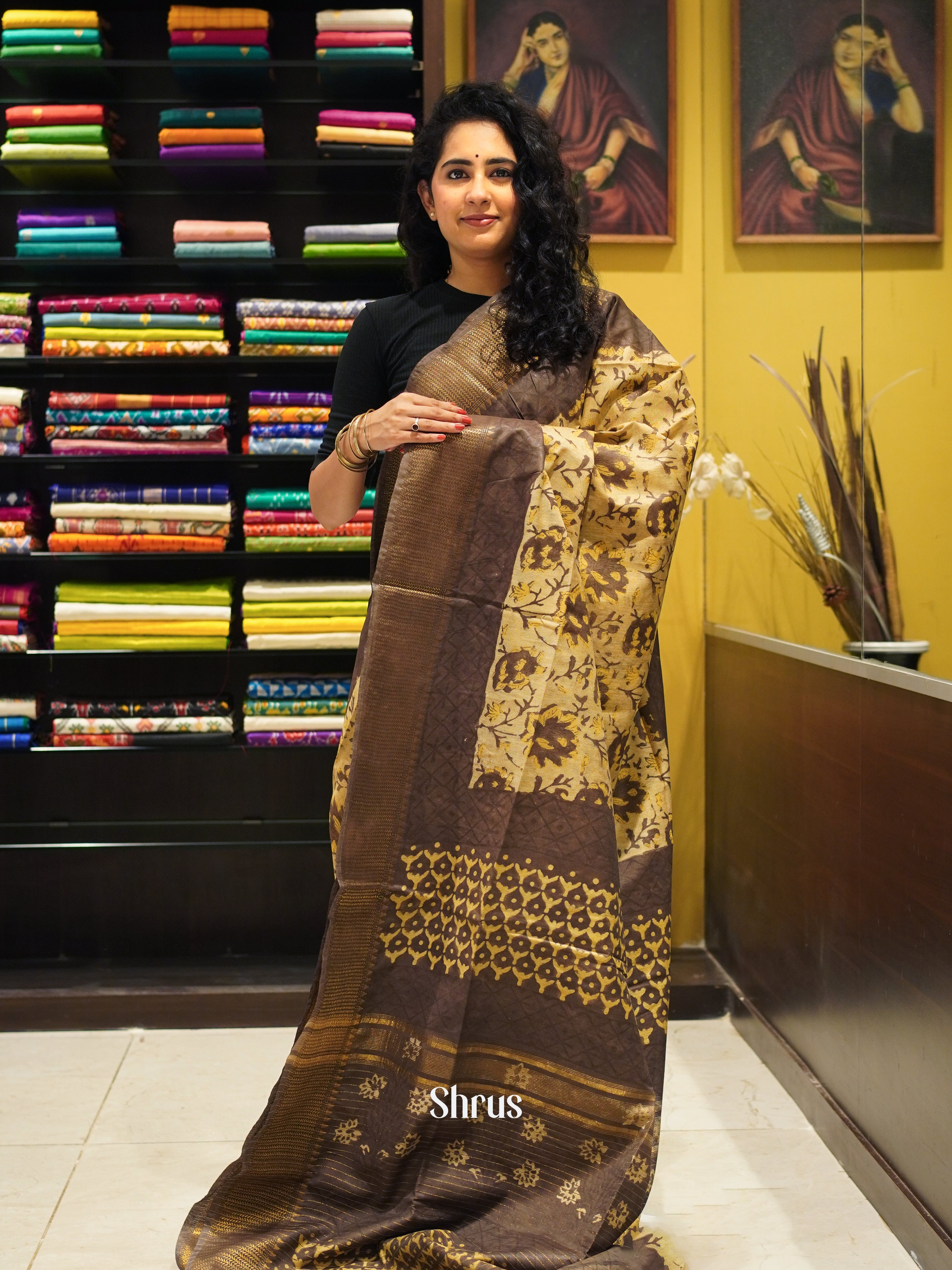 Cream & Brown  - Semi Chanderi Saree - Shop on ShrusEternity.com