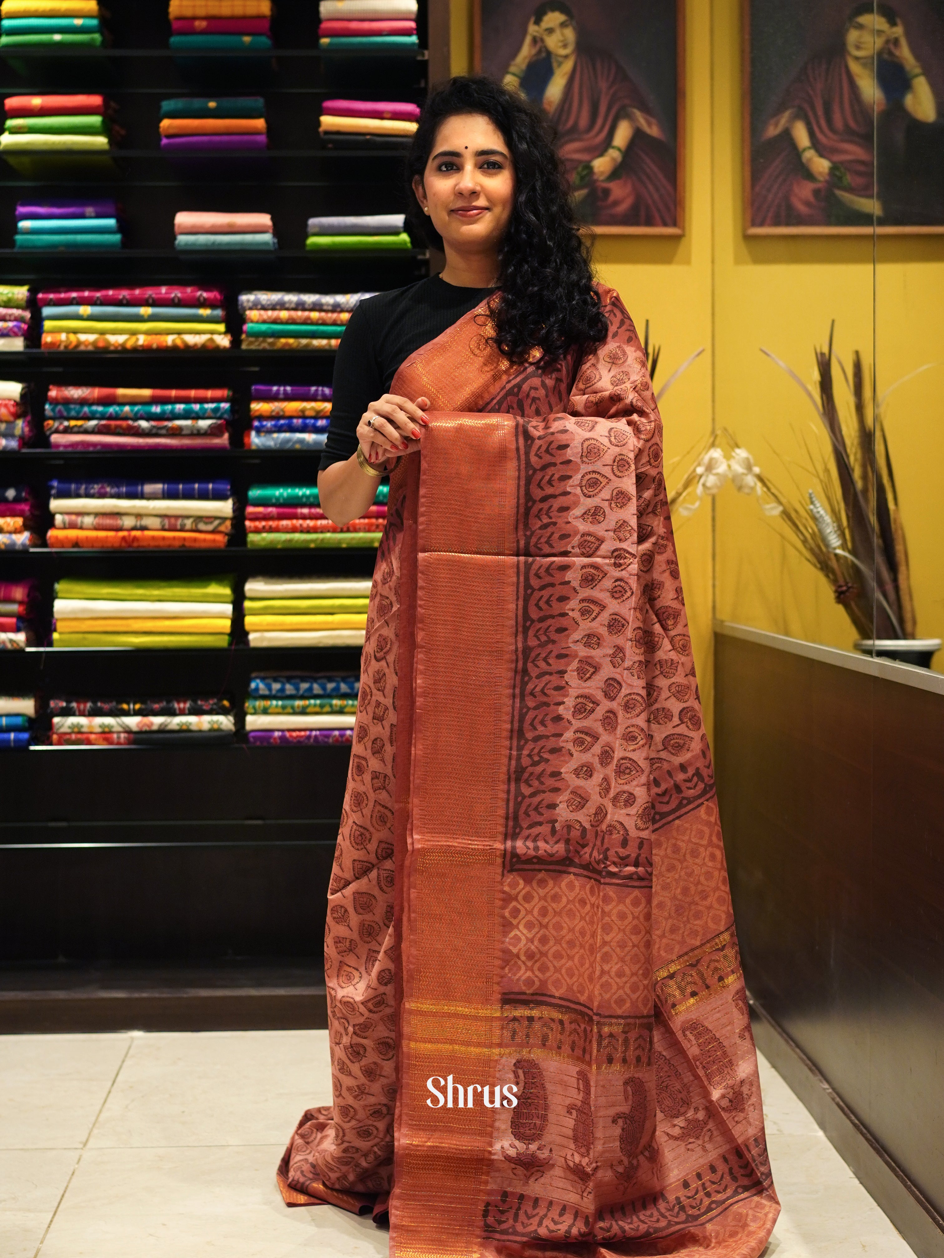 Peachish Pink (Single Tone) -Semi Chanderi Saree - Shop on ShrusEternity.com