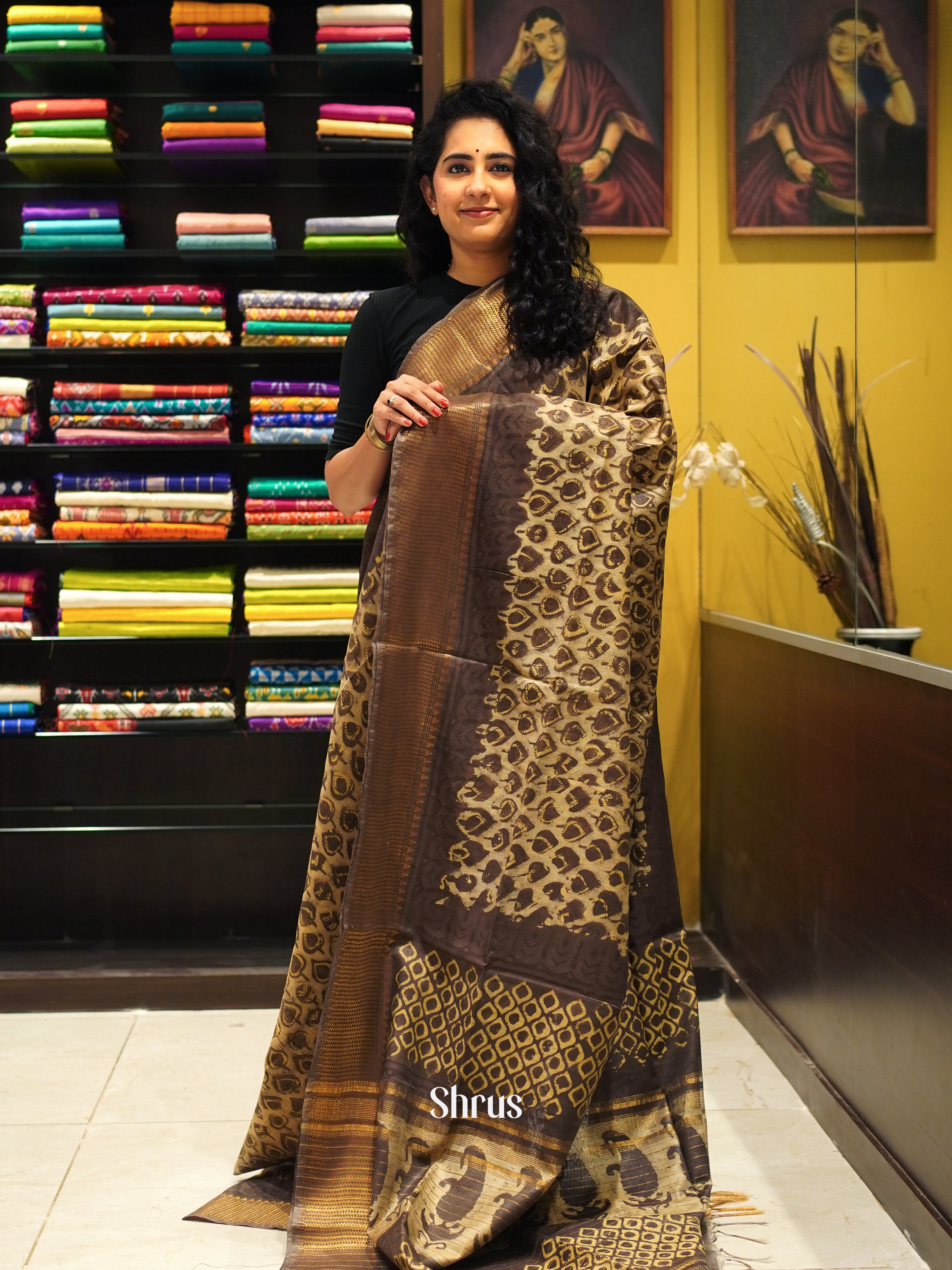 Cream & Brown - Semi Chanderi Saree - Shop on ShrusEternity.com