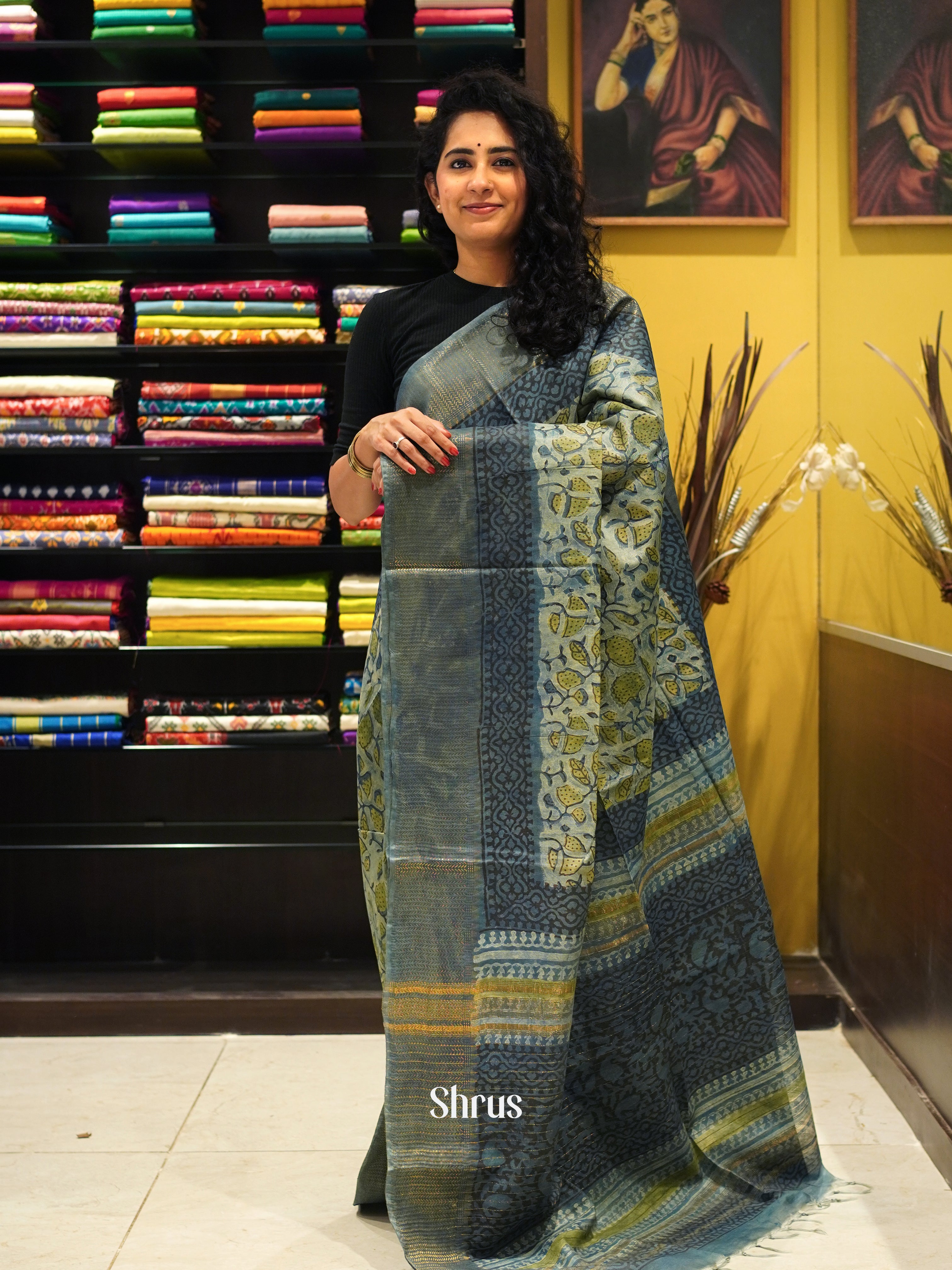 Cream & Grey - Semi Chanderi Saree - Shop on ShrusEternity.com