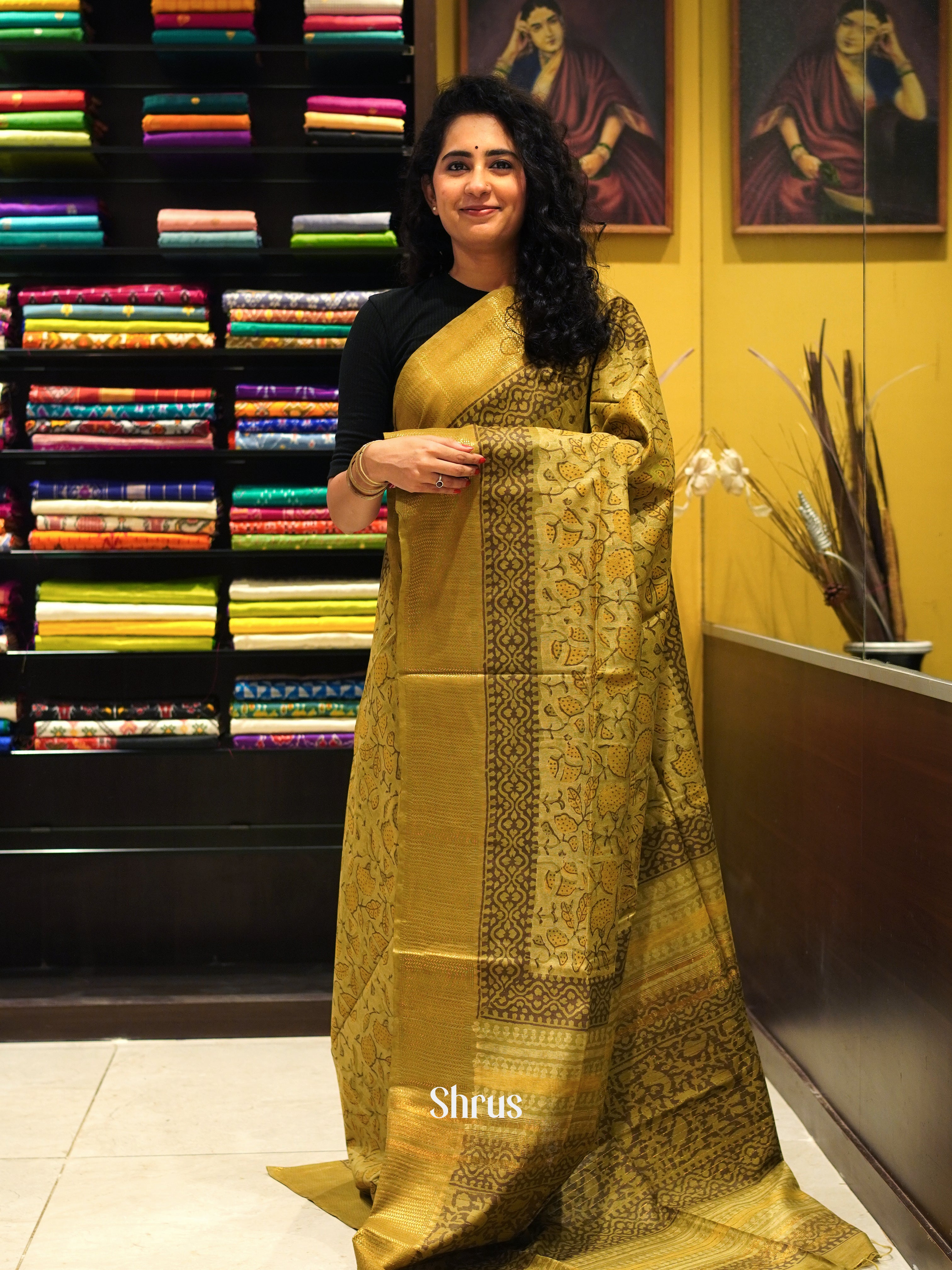 Mustardy Green(Single Tone) -Semi Chanderi Saree - Shop on ShrusEternity.com