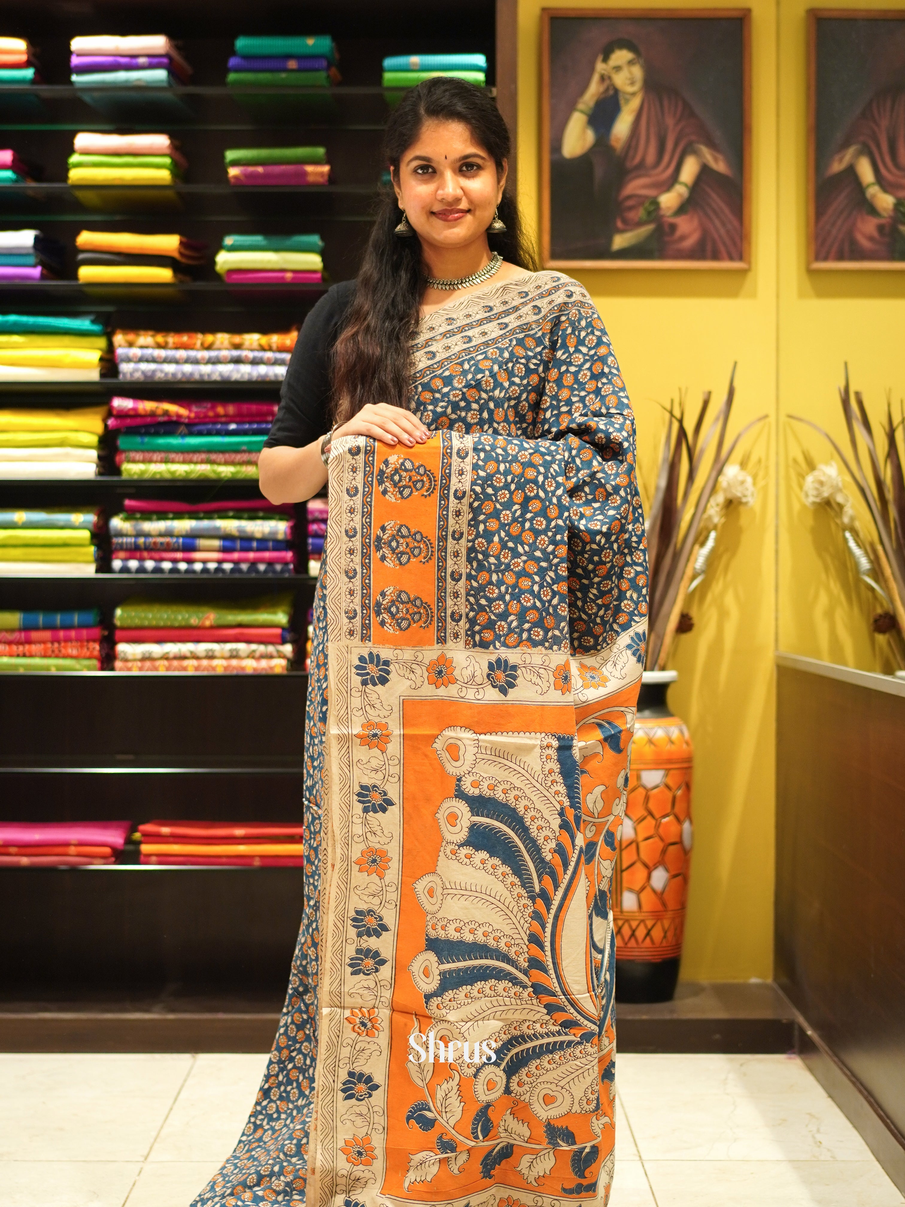 Blue & Orange - kalamkari-cotton Saree - Shop on ShrusEternity.com