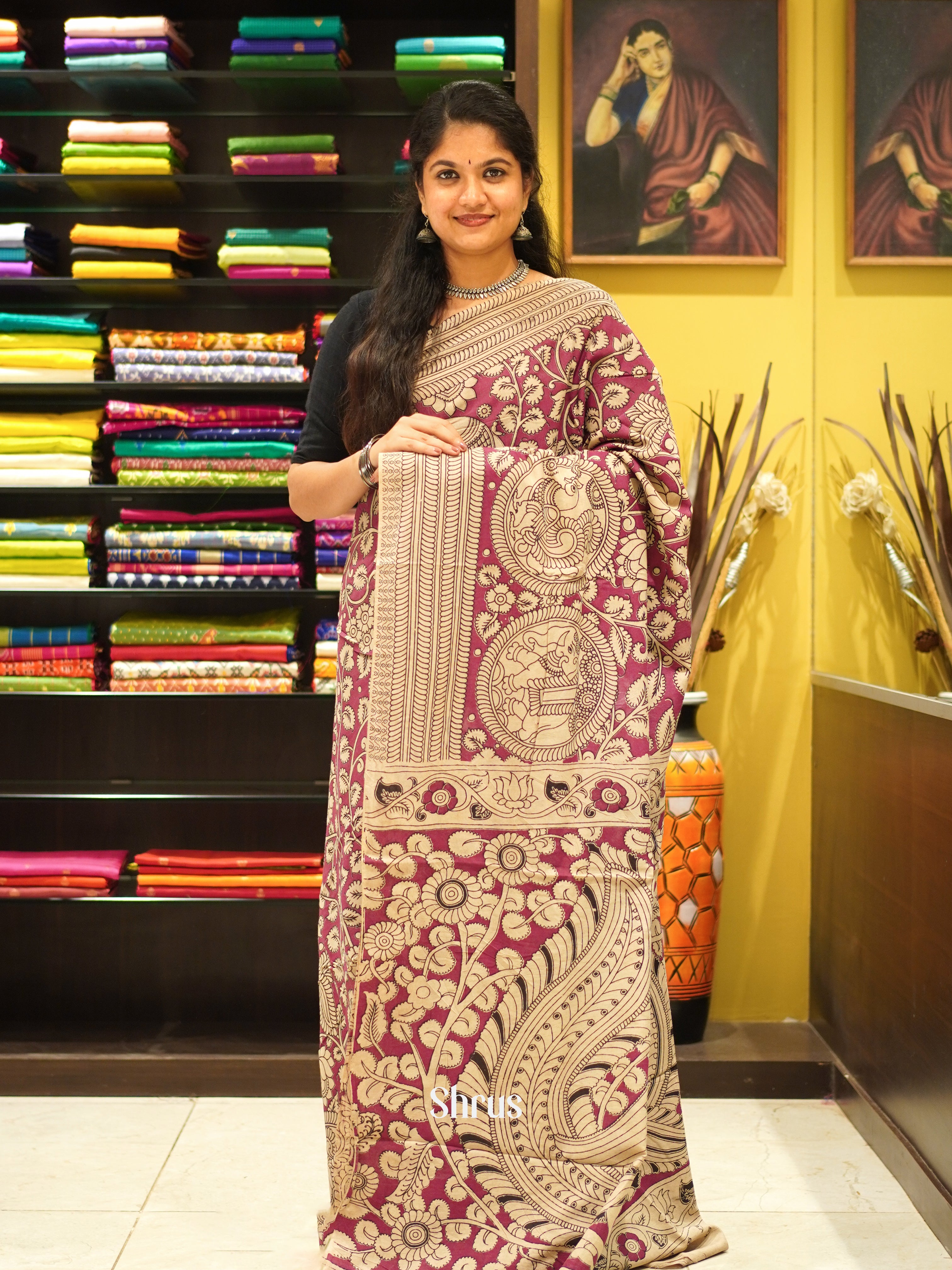 Pink  & Beige - kalamkari-cotton Saree - Shop on ShrusEternity.com