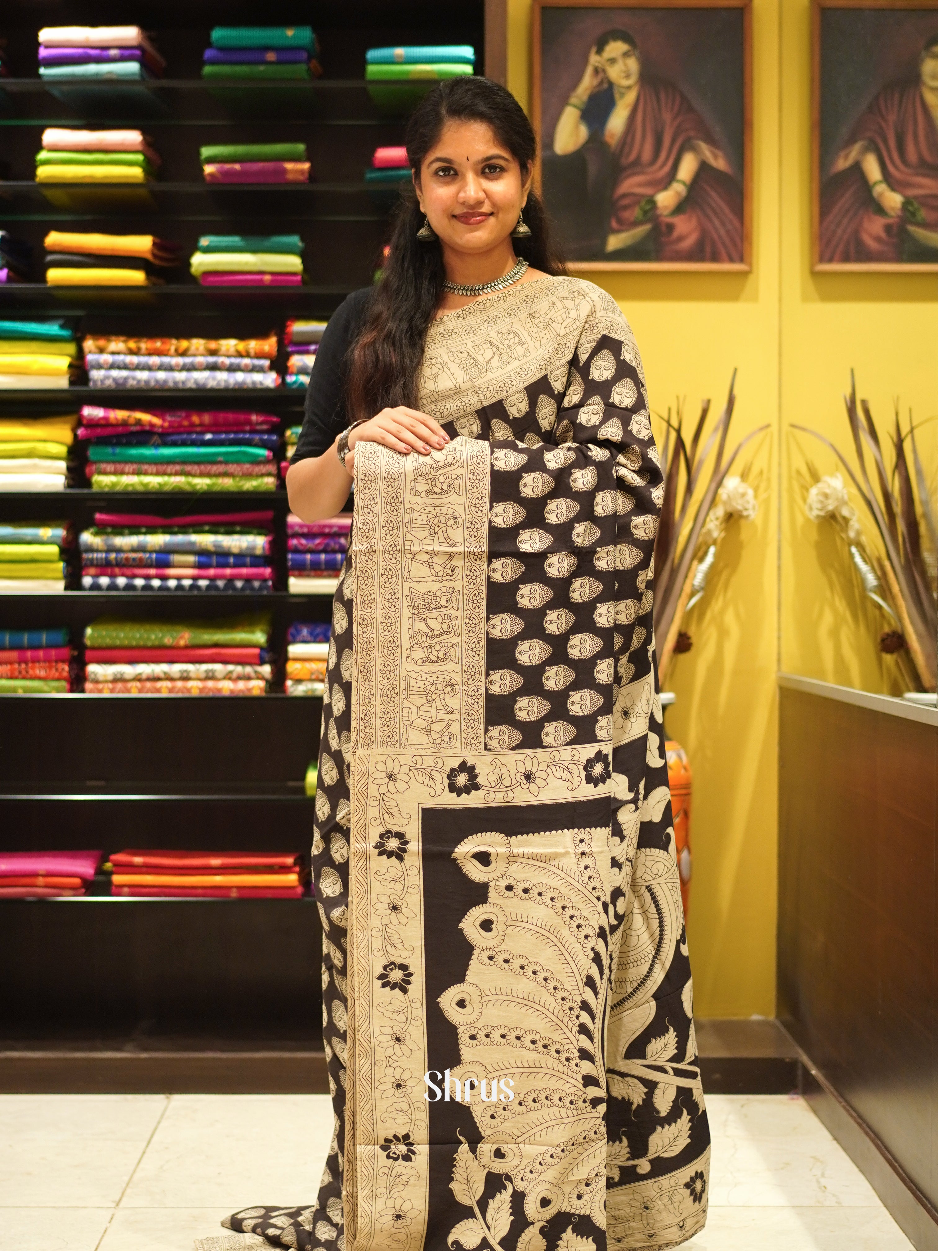 Black & Cream - kalamkari-cotton Saree - Shop on ShrusEternity.com