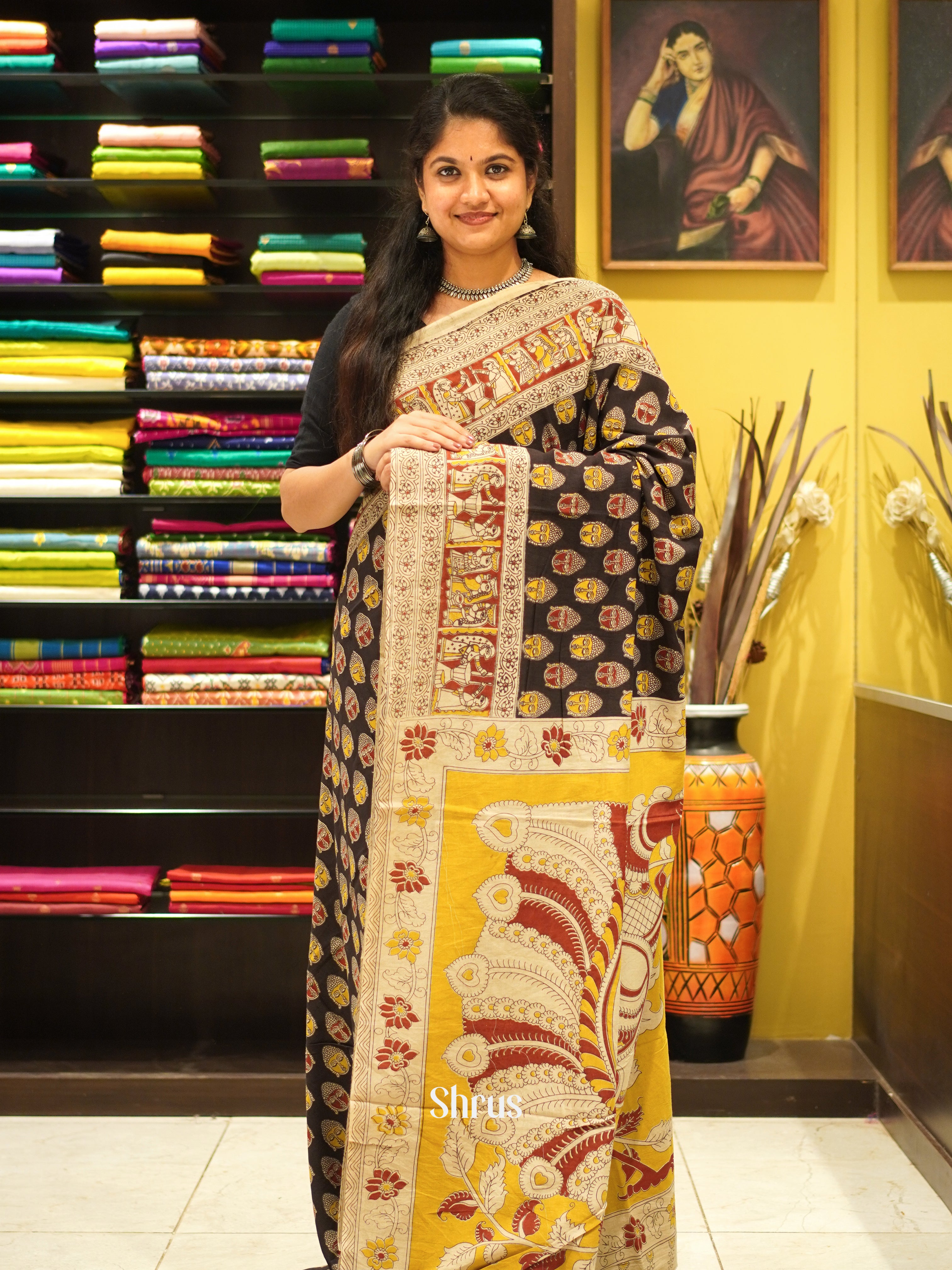 Black & Beige- kalamkari-cotton Saree - Shop on ShrusEternity.com