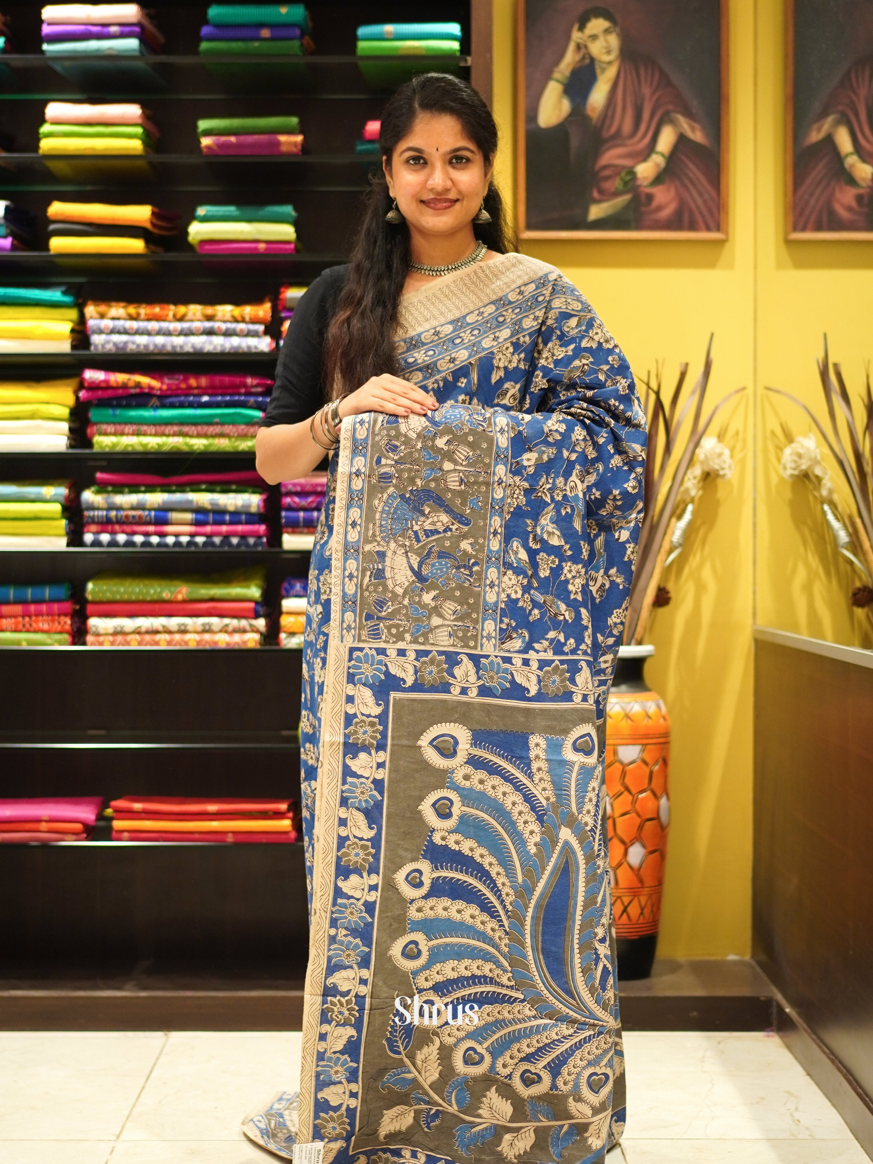 Blue & Beige - kalamkari-cotton Saree - Shop on ShrusEternity.com