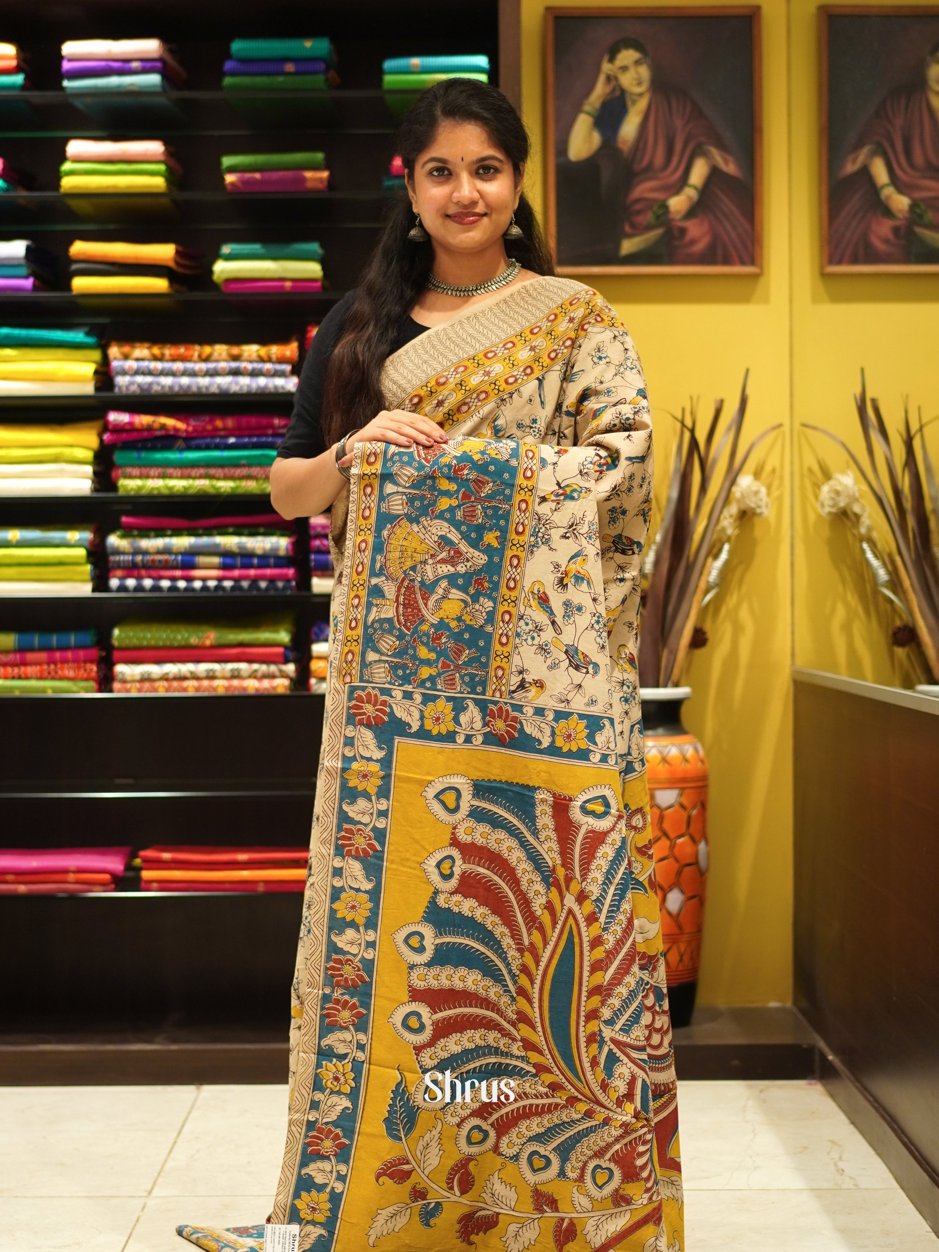 Cream & Blue - kalamkari-cotton Saree - Shop on ShrusEternity.com