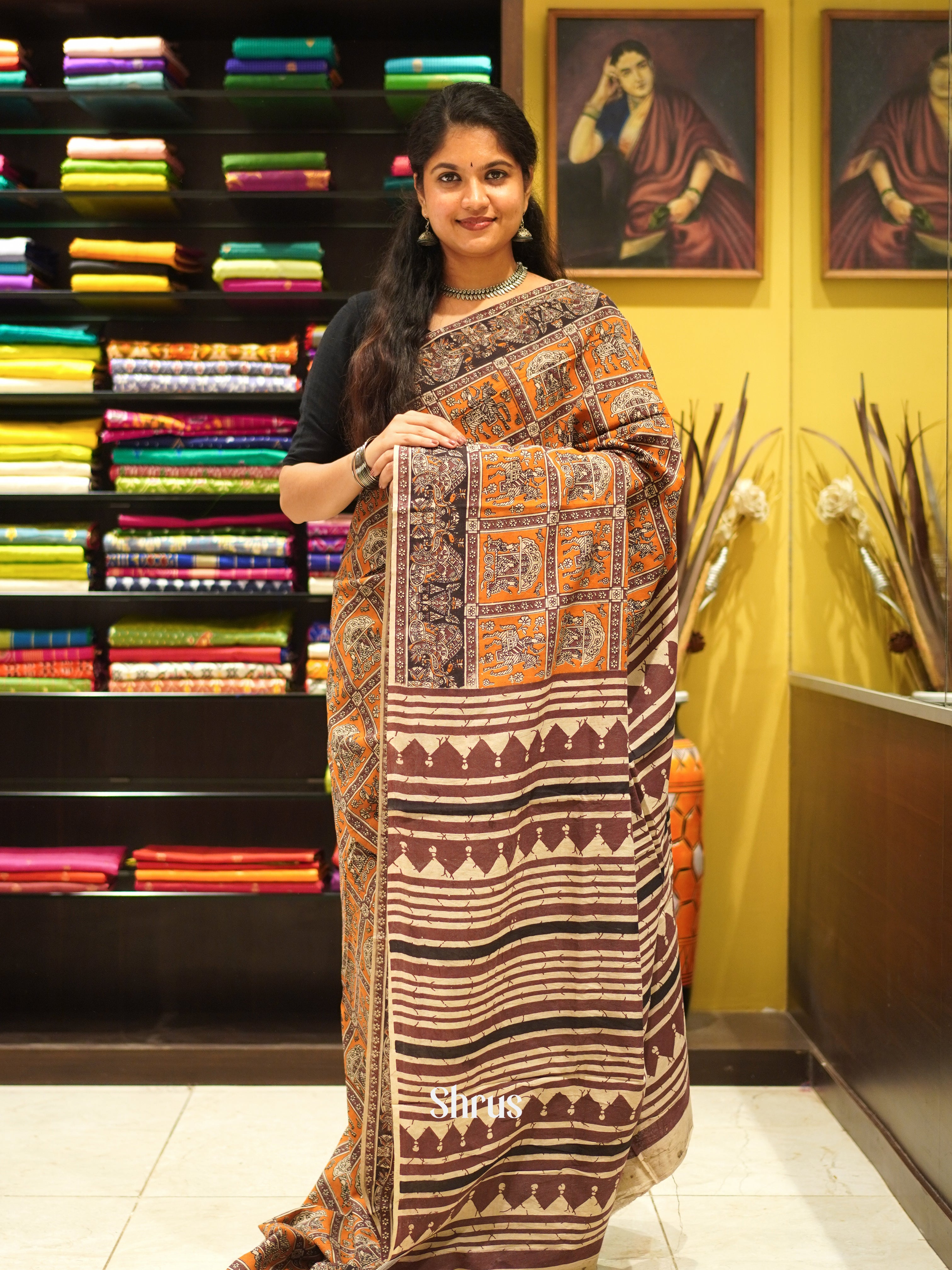 Orange & Beige - kalamkari-cotton Saree - Shop on ShrusEternity.com