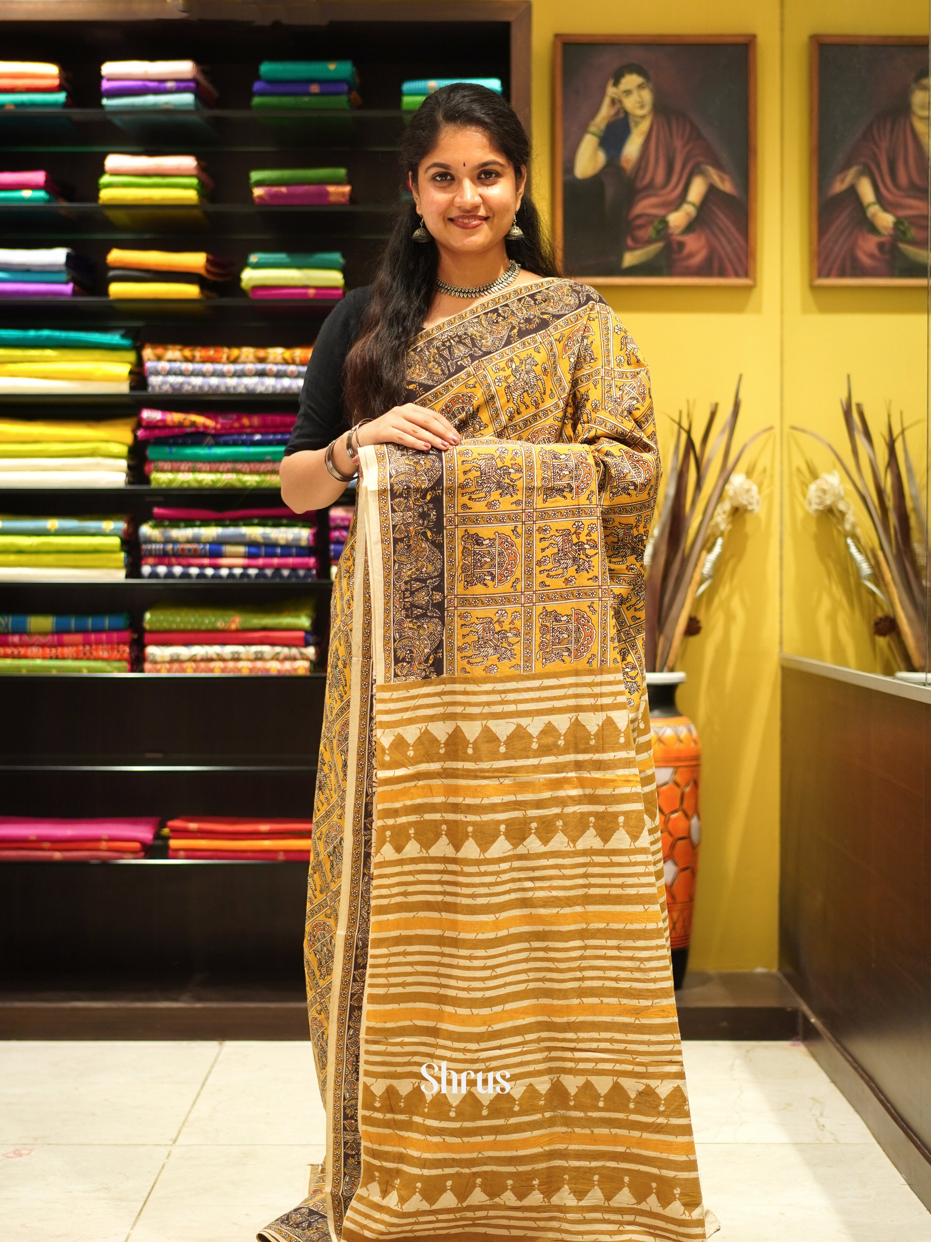 Mustard & Cream - kalamkari-cotton Saree - Shop on ShrusEternity.com