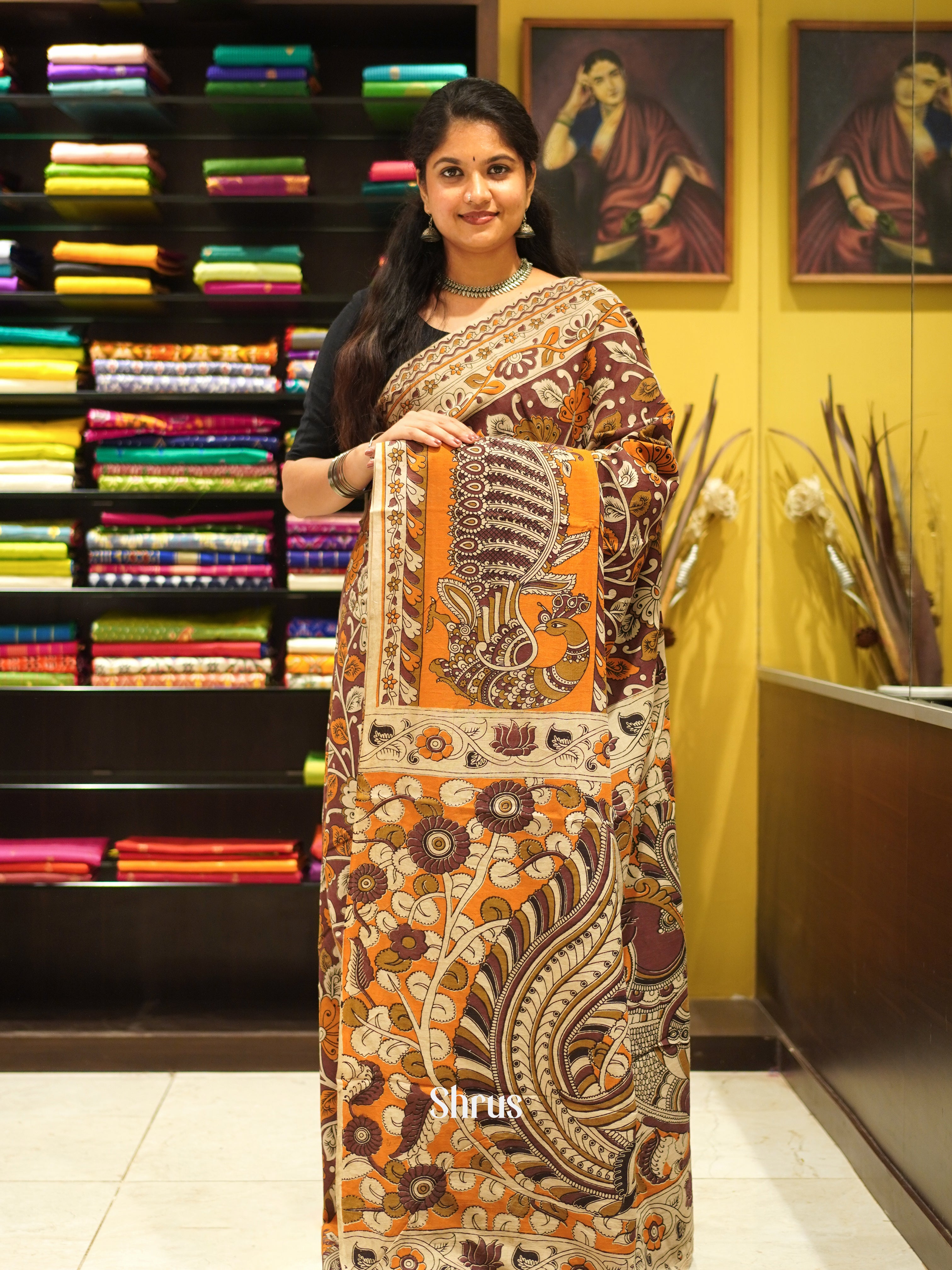 Brown & Orange - kalamkari-cotton Saree - Shop on ShrusEternity.com