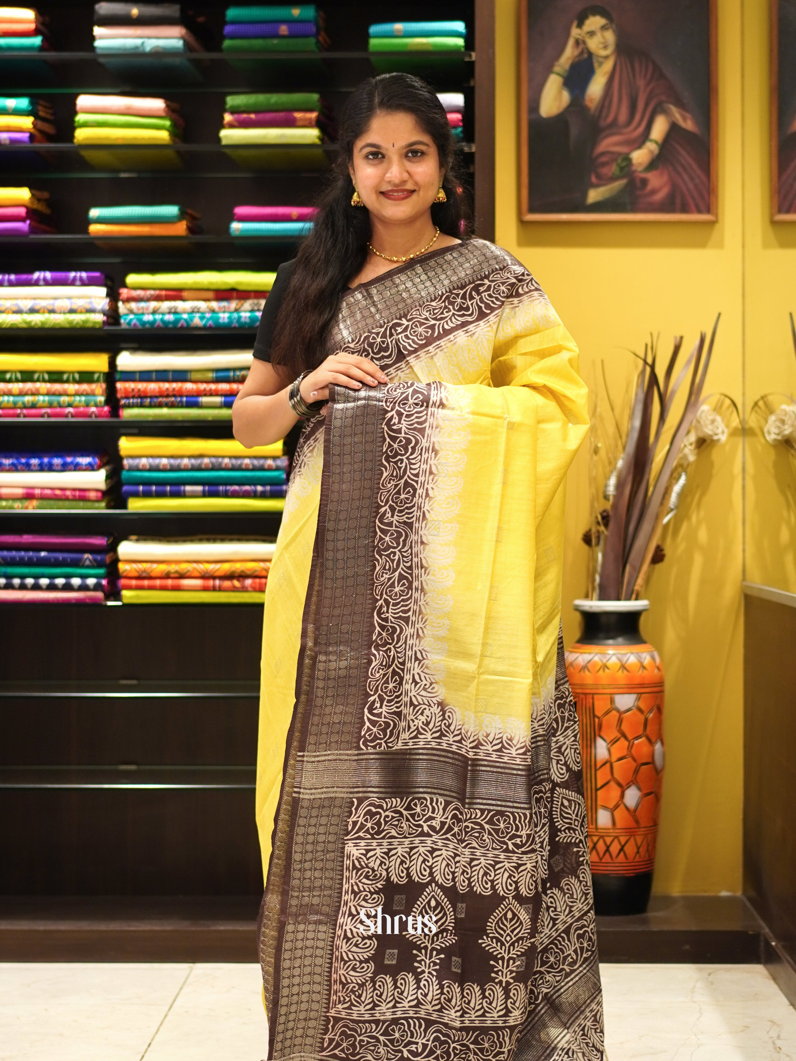 Yellow & Brown - Semi Tussar Saree - Shop on ShrusEternity.com