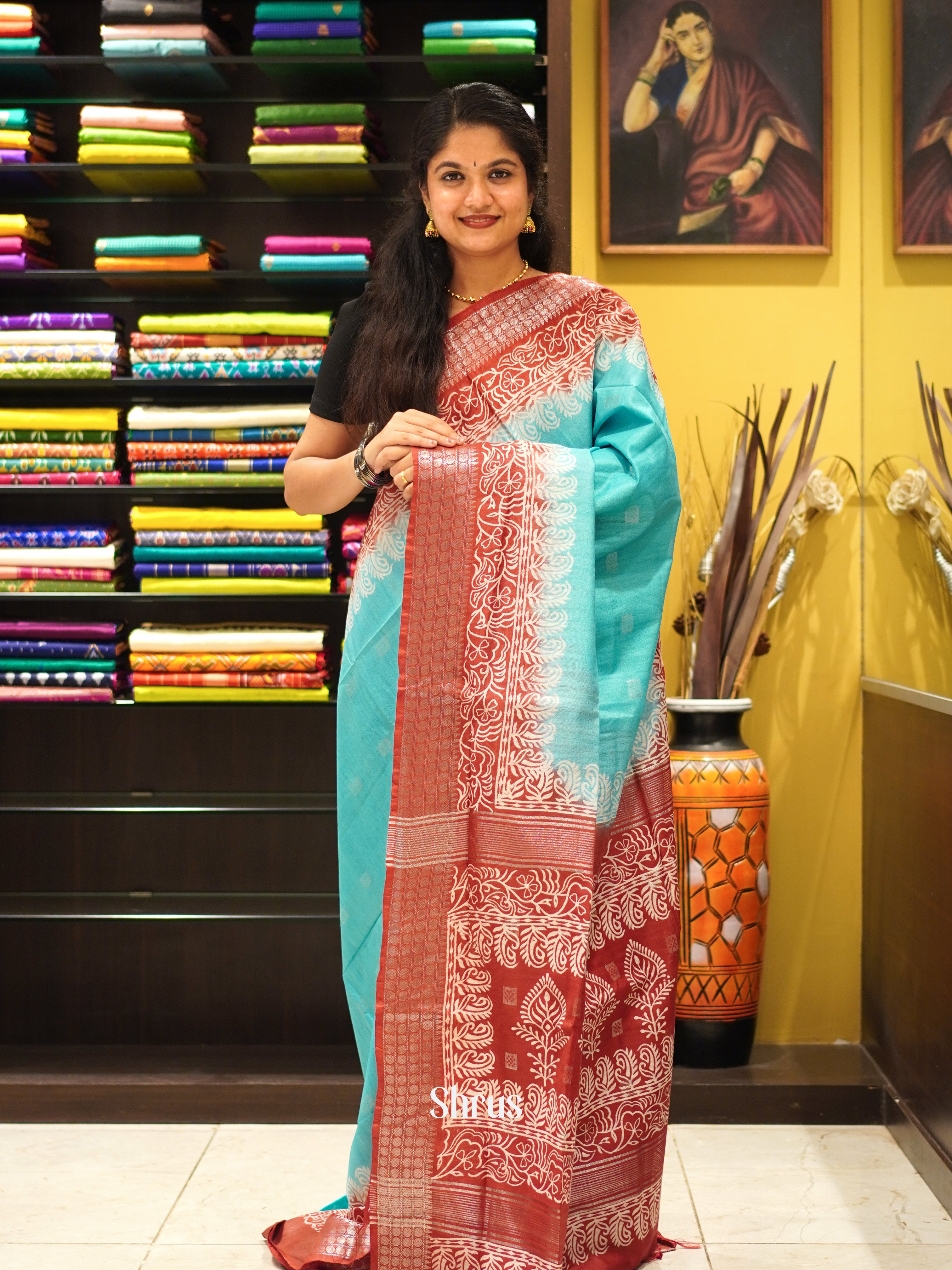 Blue & Red - Semi Tussar Saree - Shop on ShrusEternity.com