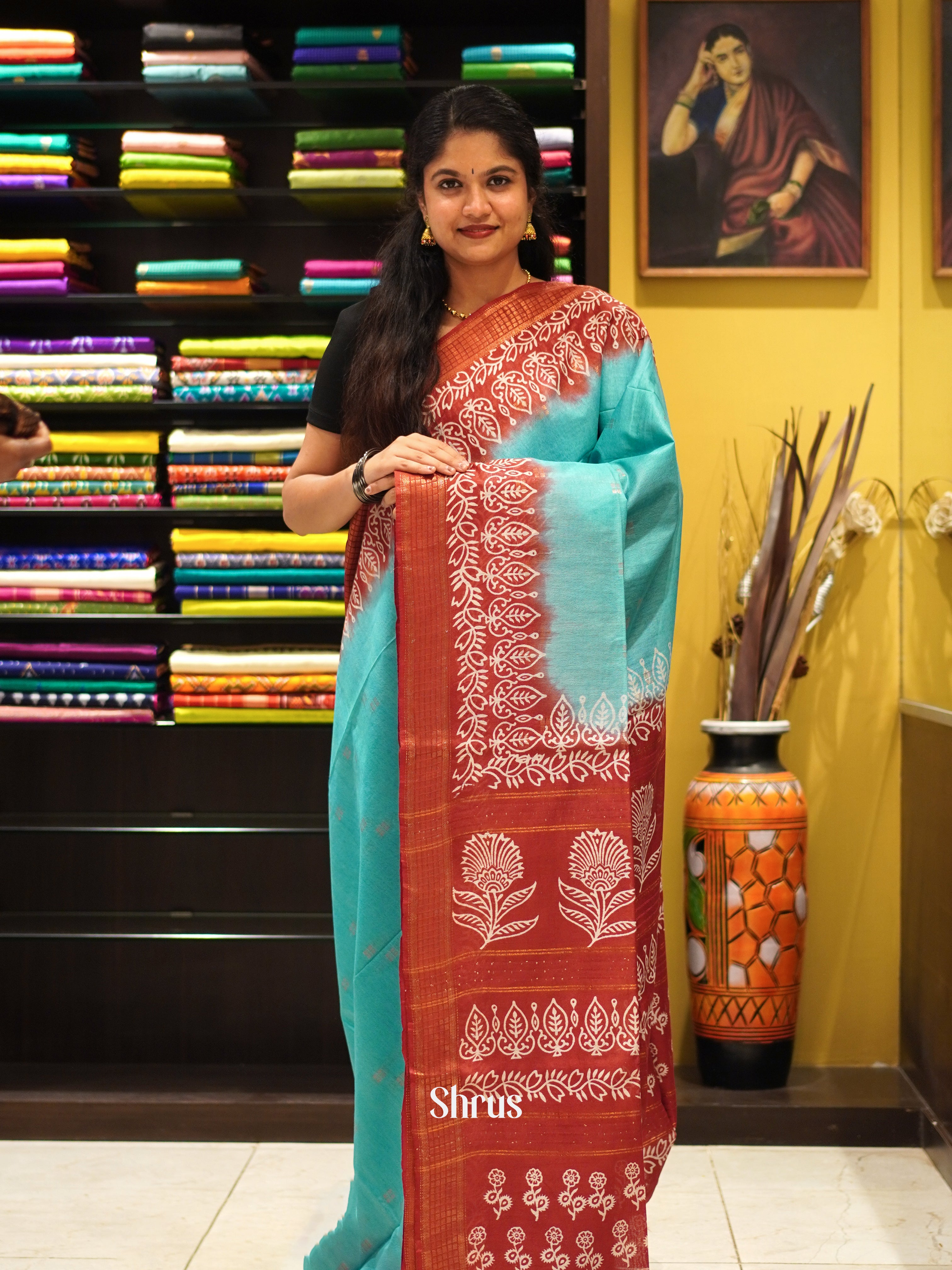 Blue & Red - Semi Tussar Saree - Shop on ShrusEternity.com