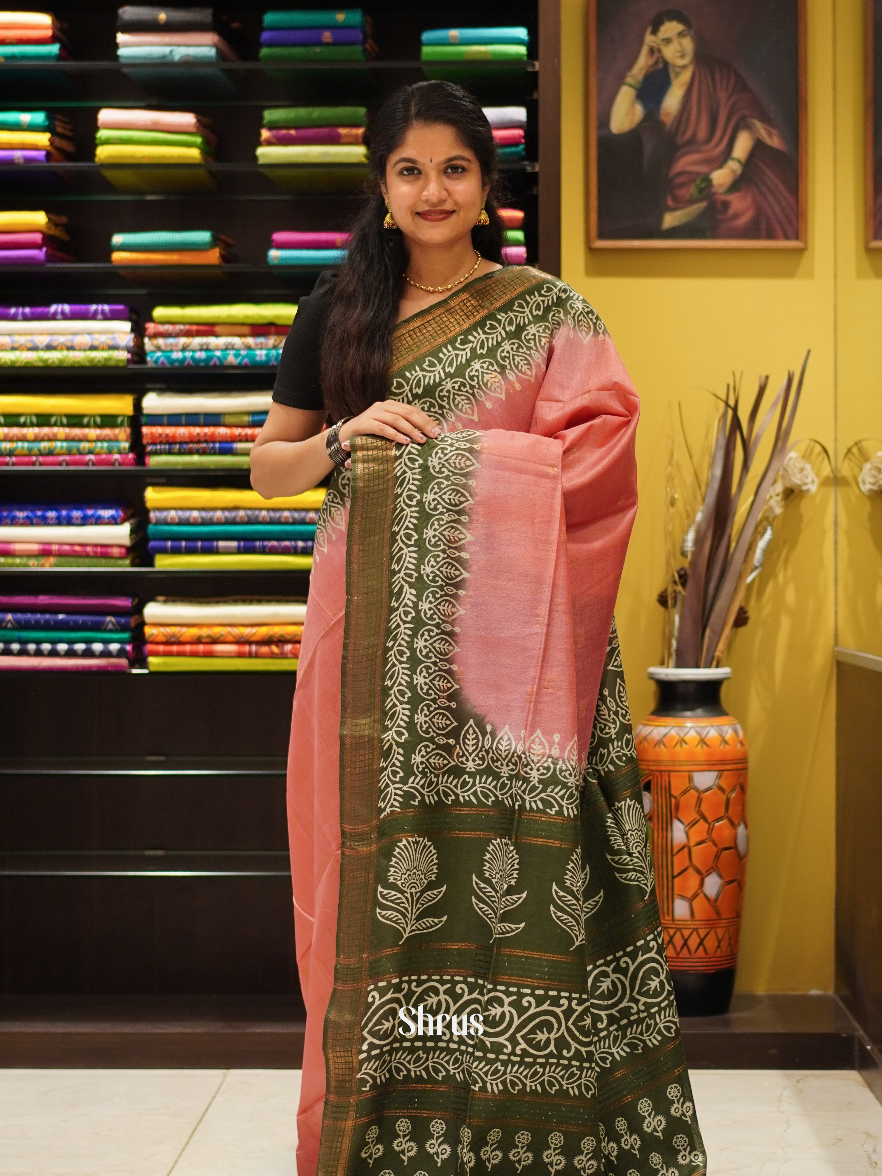Pink & Green - Semi Tussar Saree - Shop on ShrusEternity.com