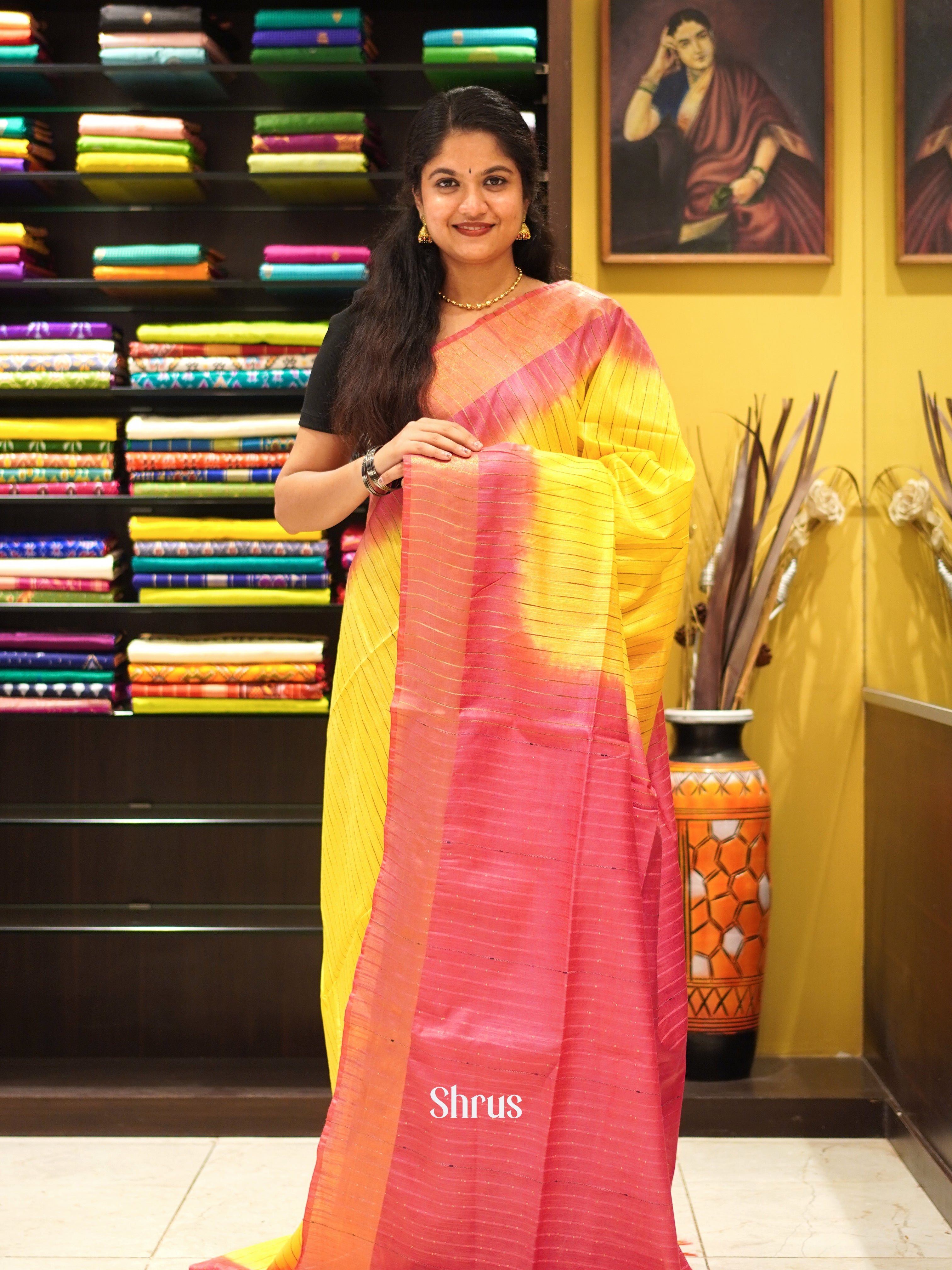 Yellow & Red - Semi Tussar Saree - Shop on ShrusEternity.com