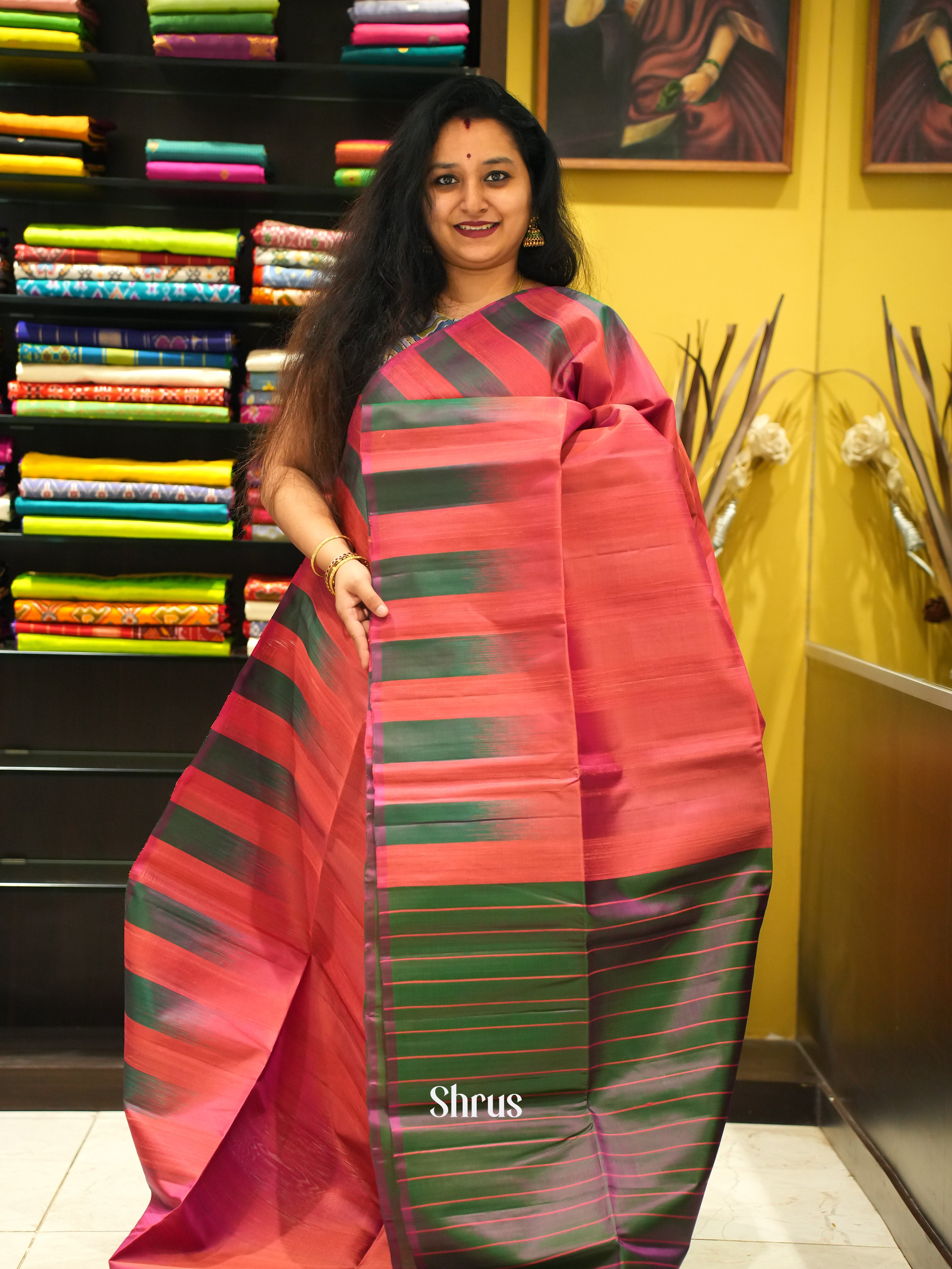 Pink & Double Shaded Green - Soft Silk Saree - Shop on ShrusEternity.com