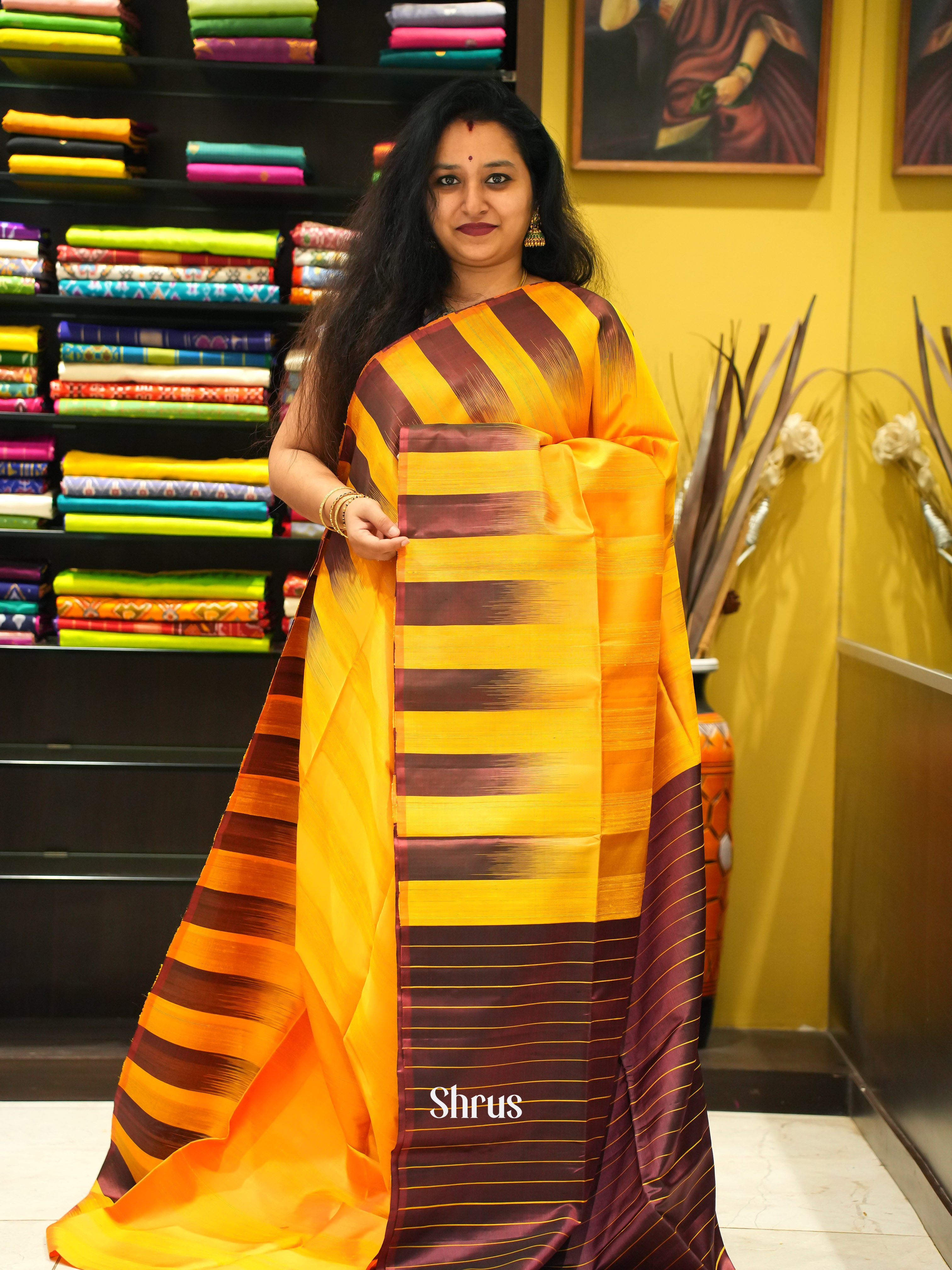 Yellow & Brown - Soft Silk Saree - Shop on ShrusEternity.com