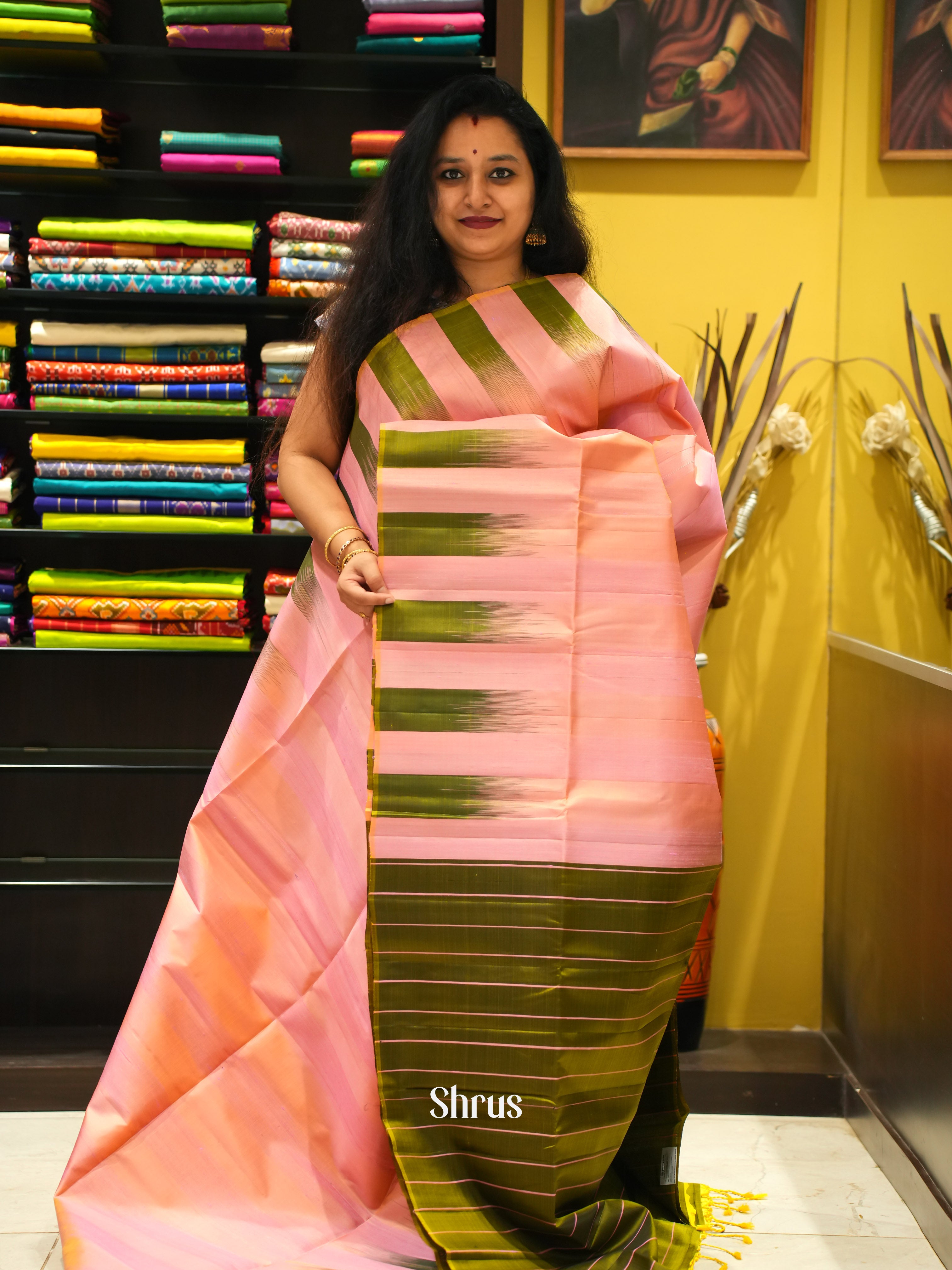 Peach & Green  - Soft Silk Saree - Shop on ShrusEternity.com