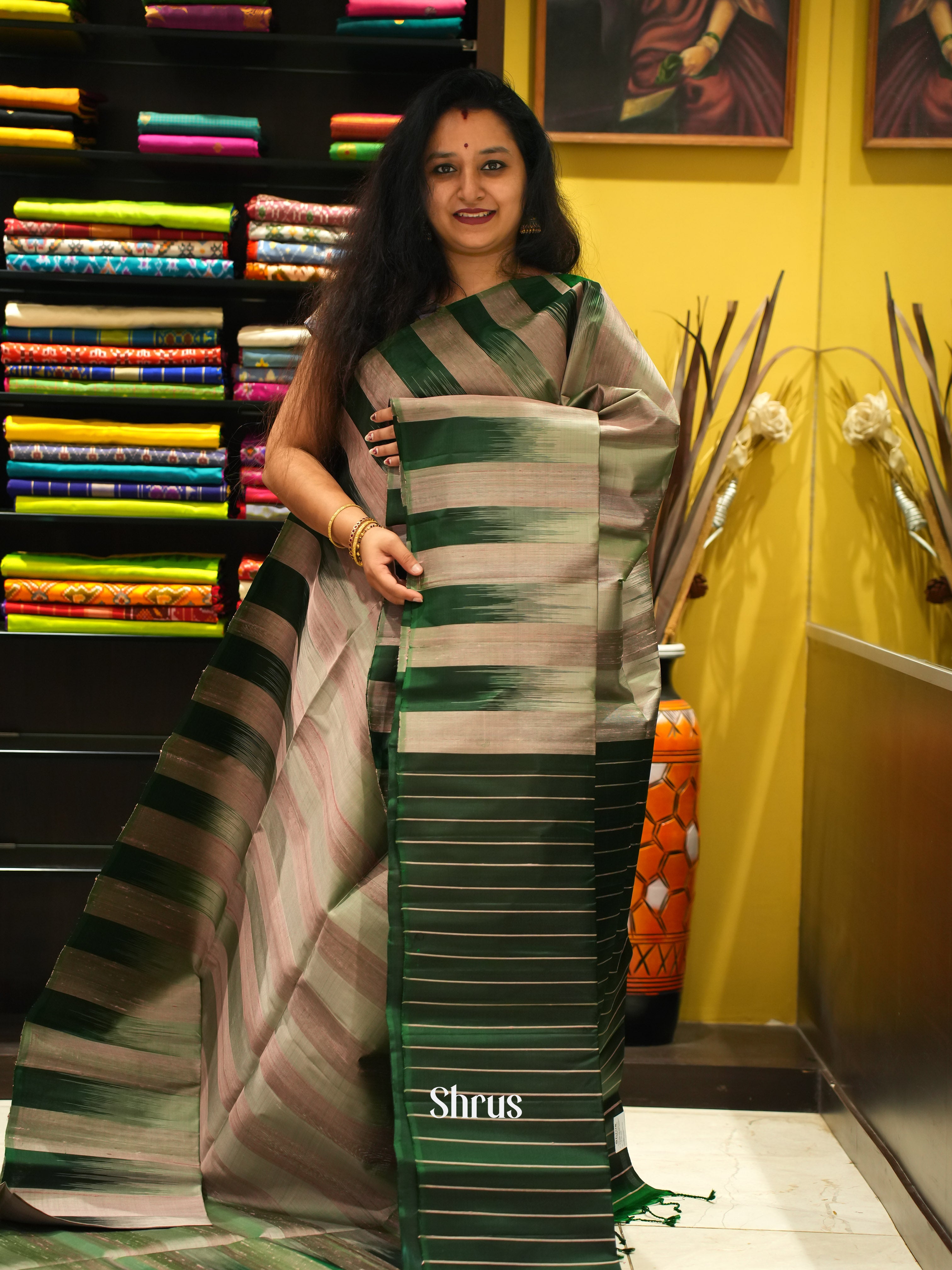 Grey & Green - Soft Silk Saree - Shop on ShrusEternity.com