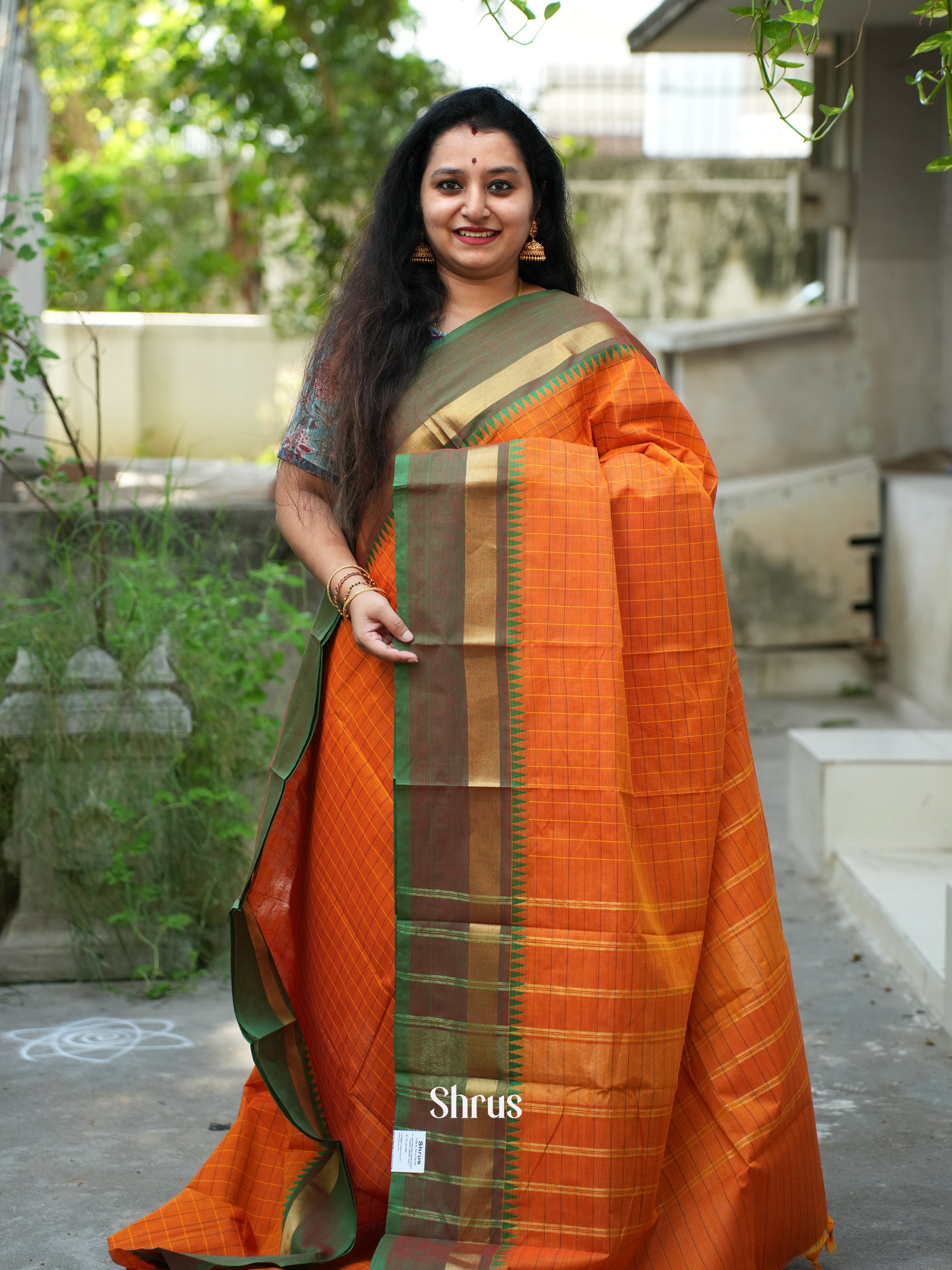 Orange & Green - Chettinad Cotton Saree - Shop on ShrusEternity.com