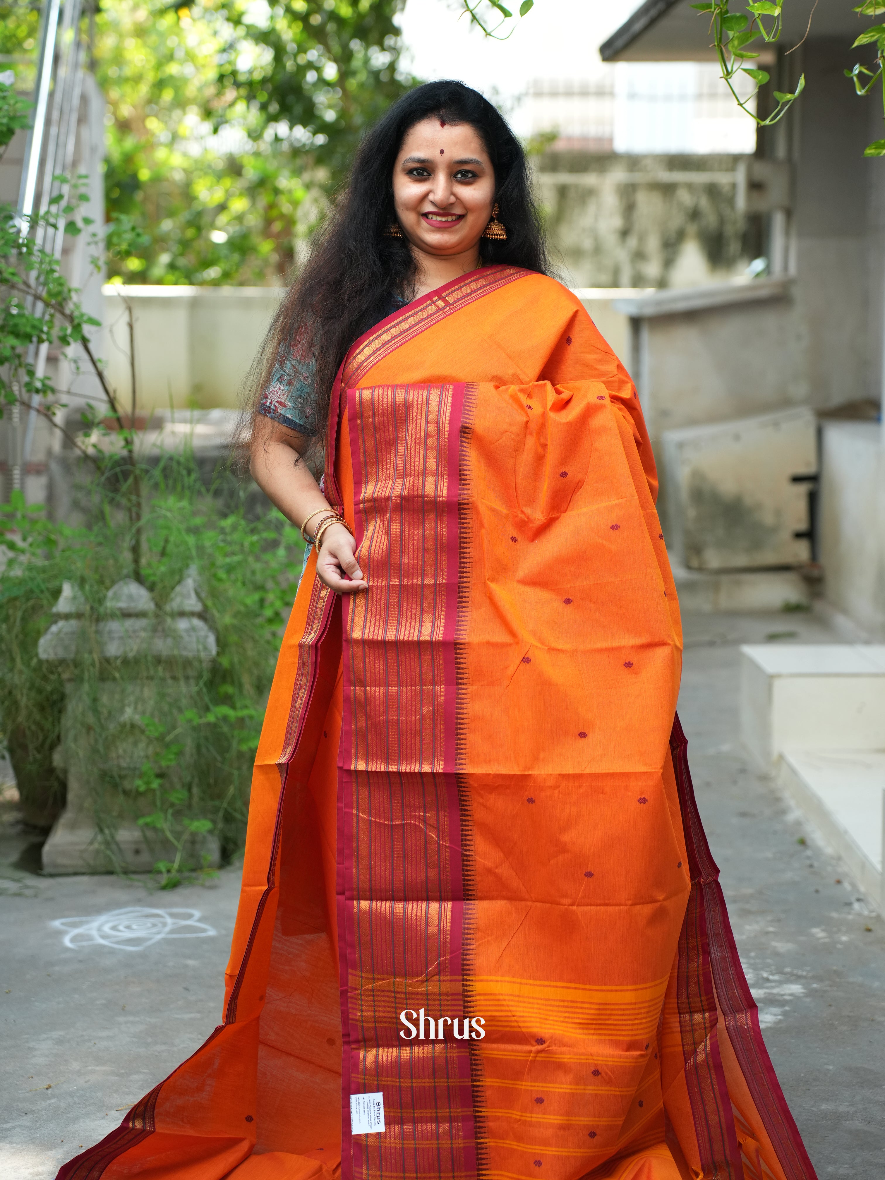 Orange & Maroon- Chettinad Cotton Saree - Shop on ShrusEternity.com