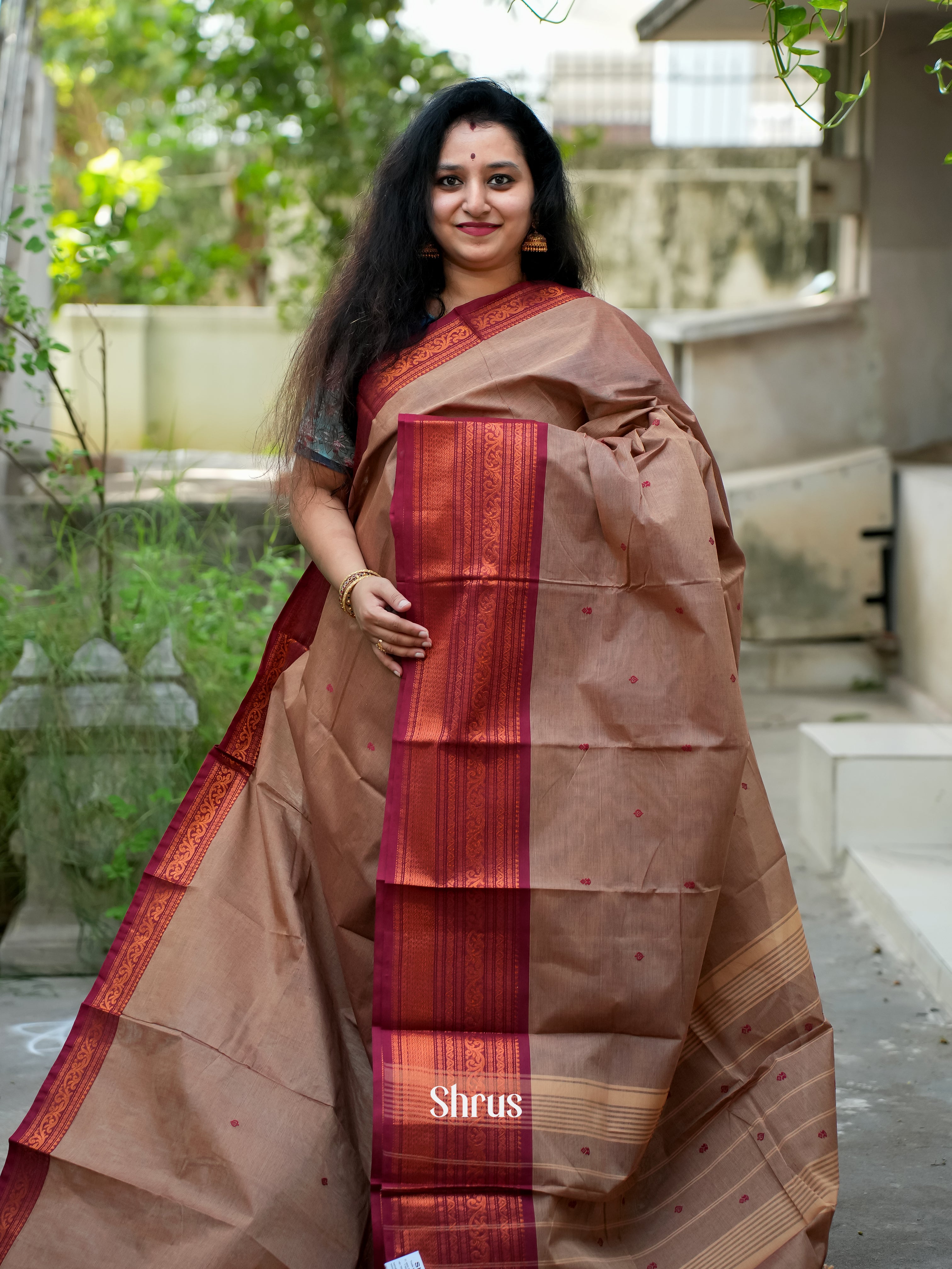 Dusty Brown & Maroon - Chettinad Cotton Saree - Shop on ShrusEternity.com