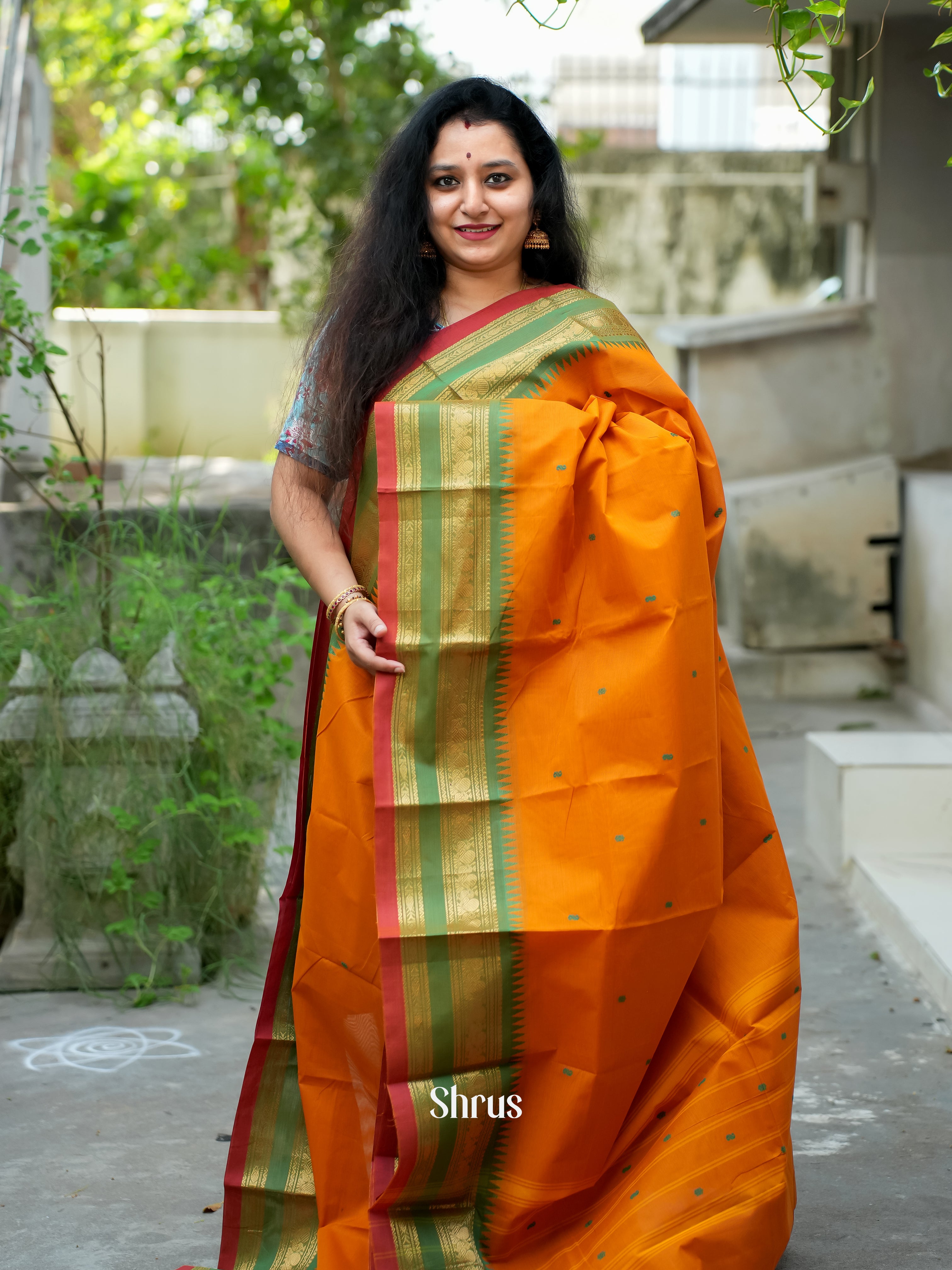 Orange & Green - Chettinad Cotton Saree - Shop on ShrusEternity.com