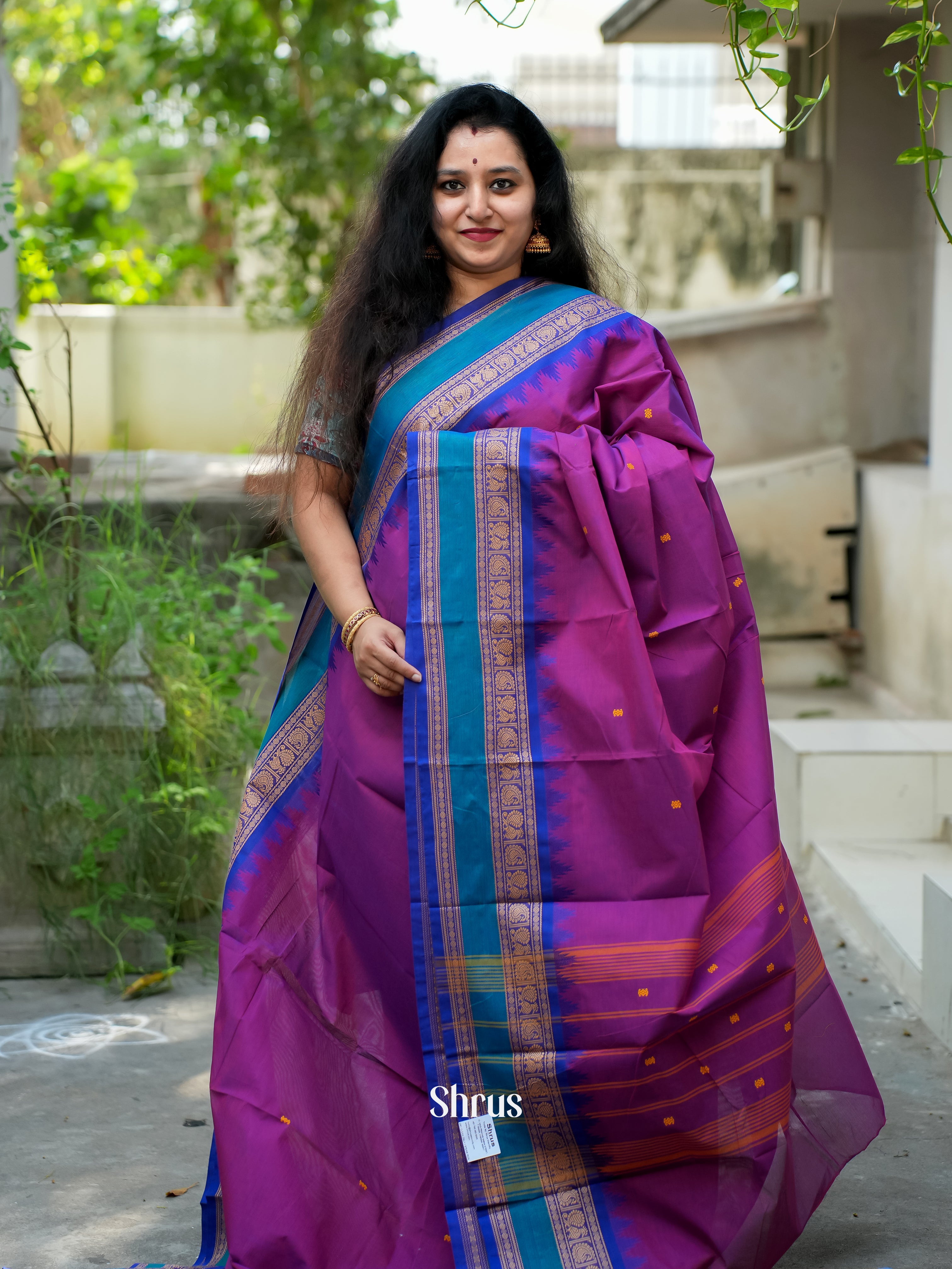 Purple  & Blue  - Chettinad Cotton Saree - Shop on ShrusEternity.com