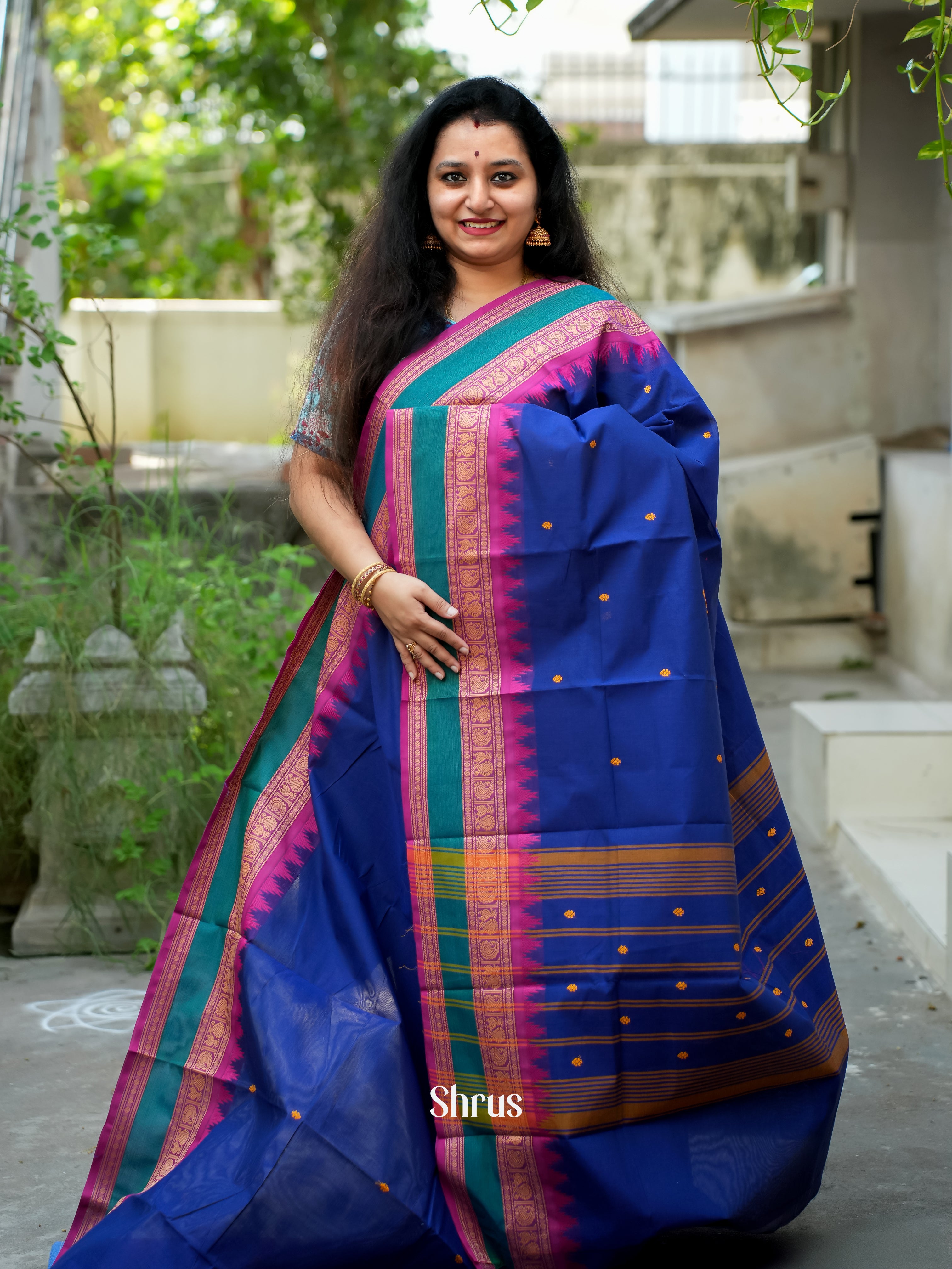 Blue & Pink - Chettinad Cotton Saree - Shop on ShrusEternity.com