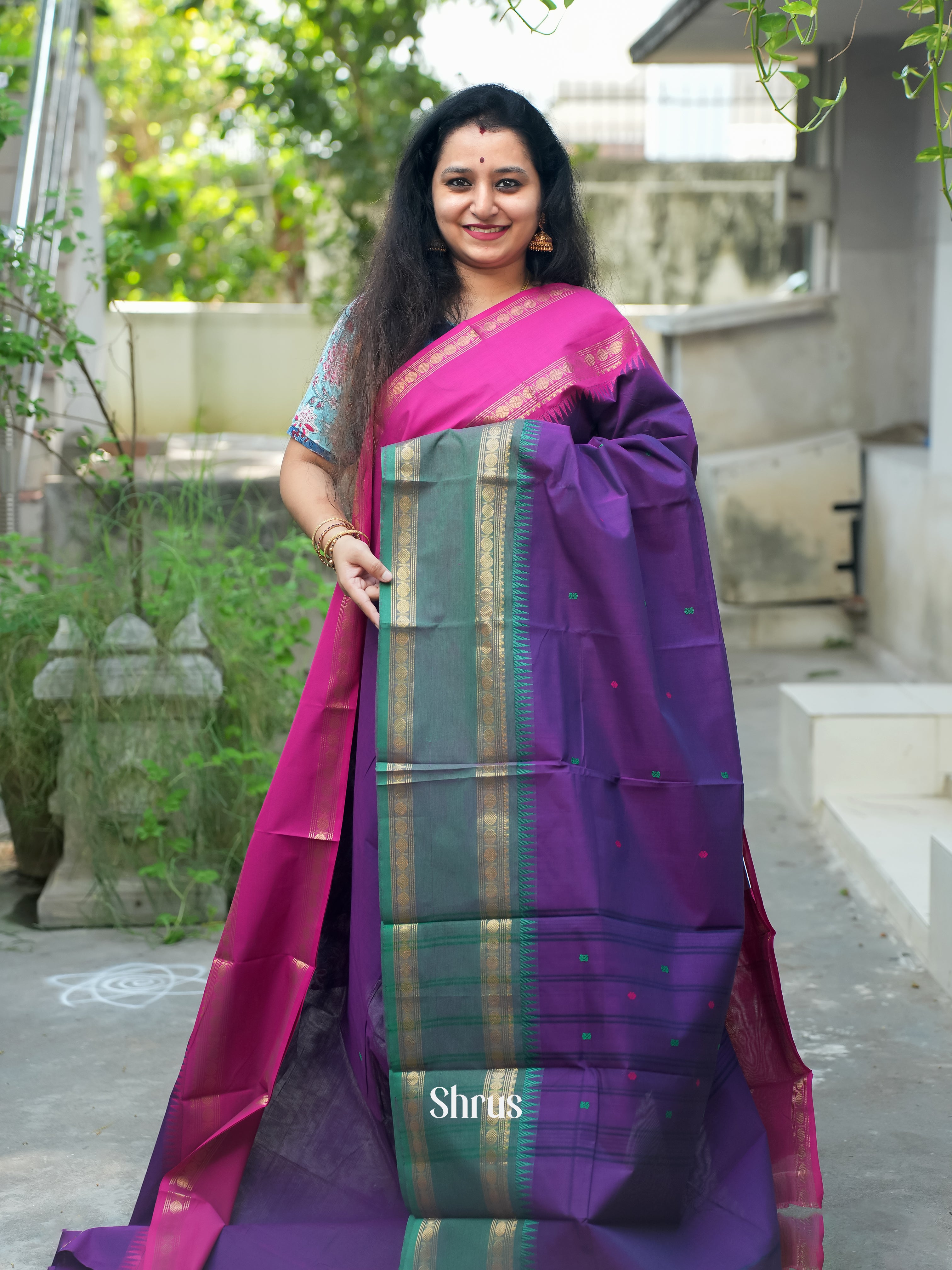 Purple & Green - Chettinad Cotton Saree - Shop on ShrusEternity.com