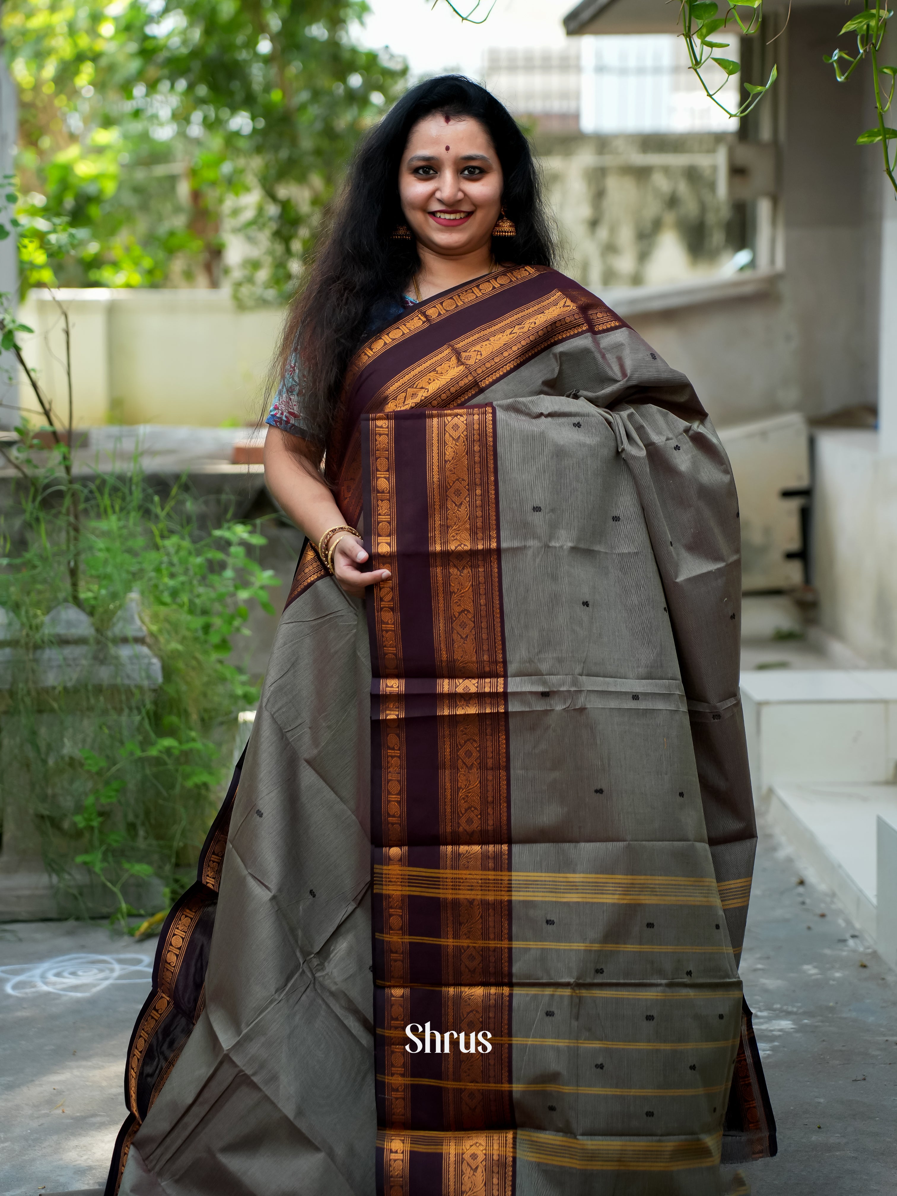 Grey & Brown - Chettinad Cotton Saree - Shop on ShrusEternity.com