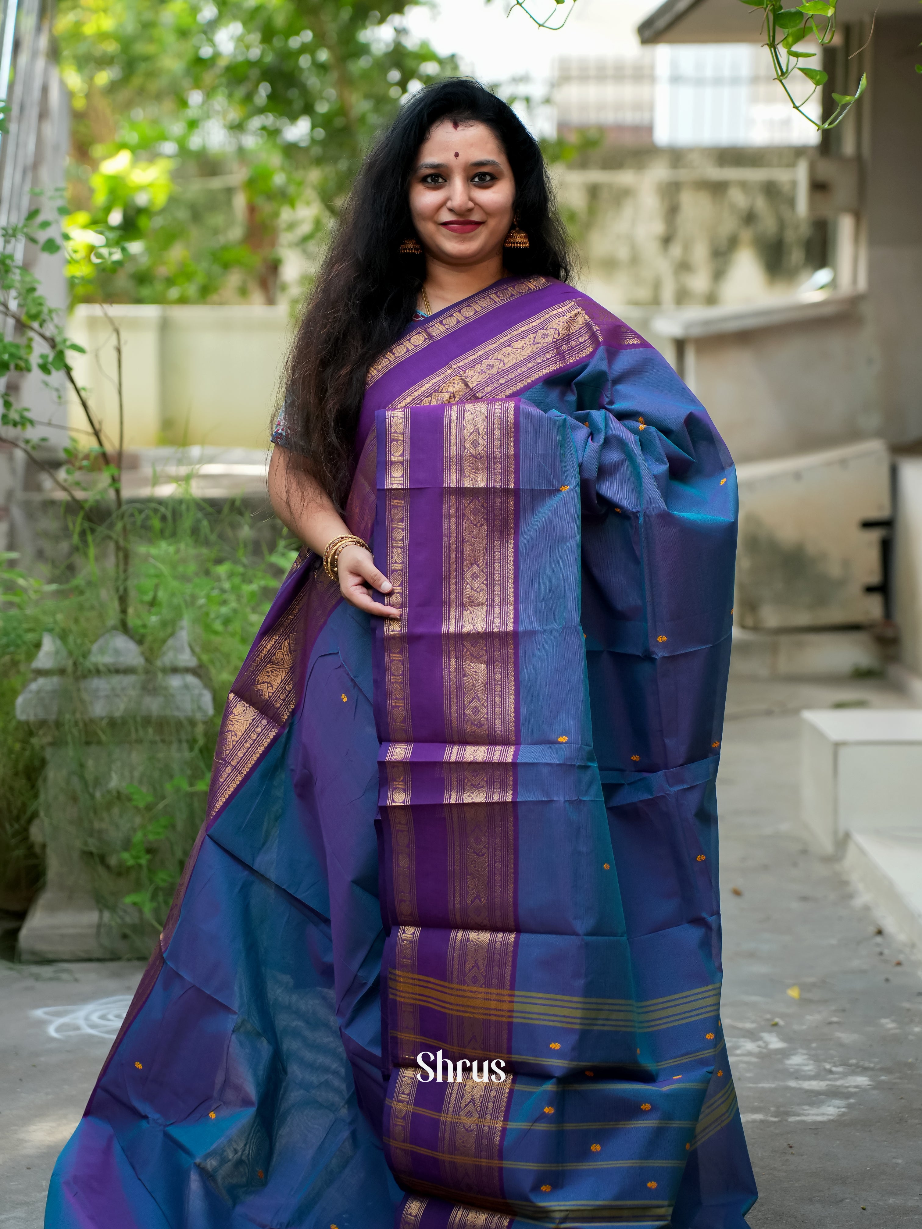 Blue & Purple - Chettinad Cotton Saree - Shop on ShrusEternity.com