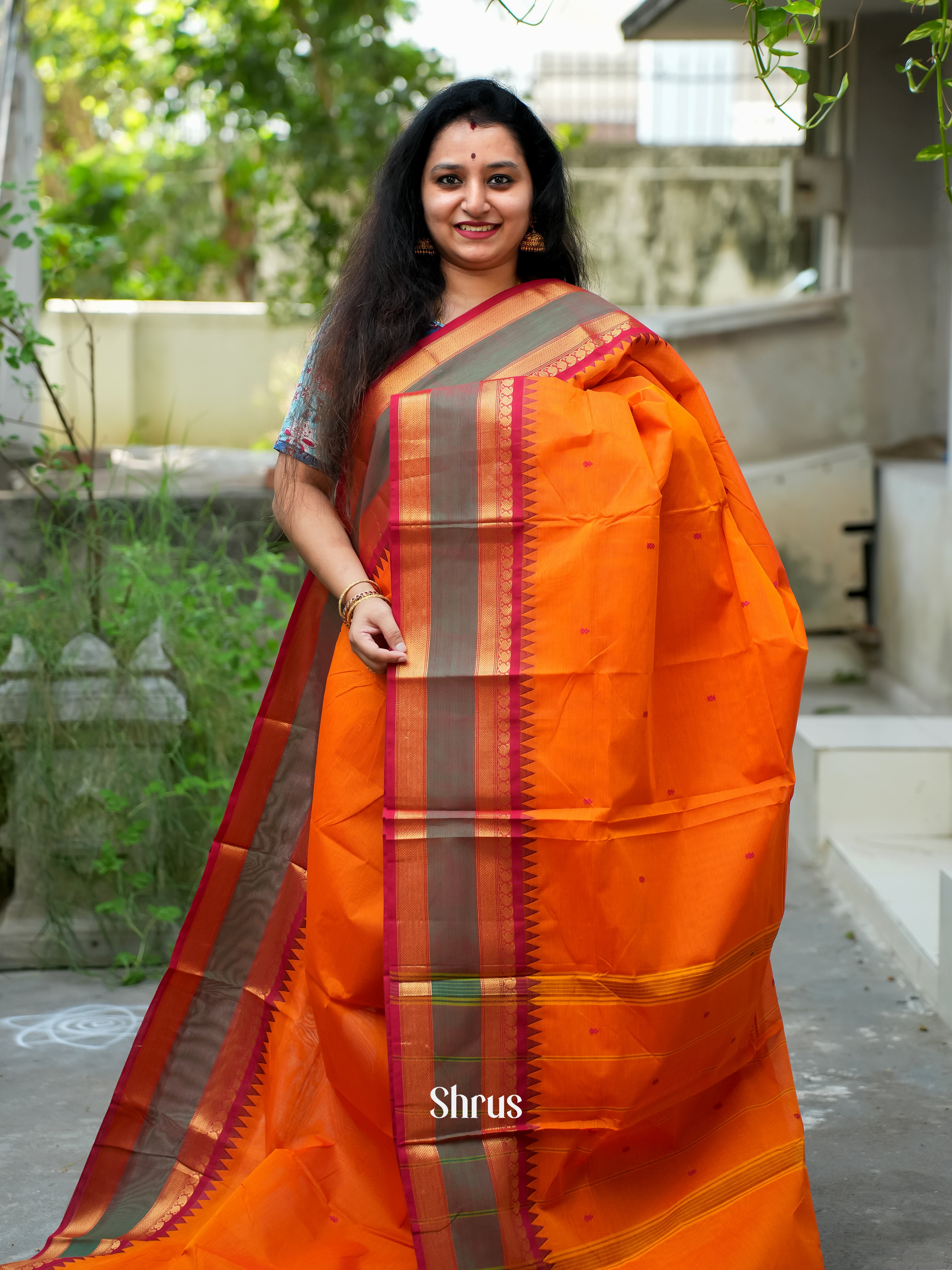 Orange & Red - Chettinad Cotton Saree - Shop on ShrusEternity.com