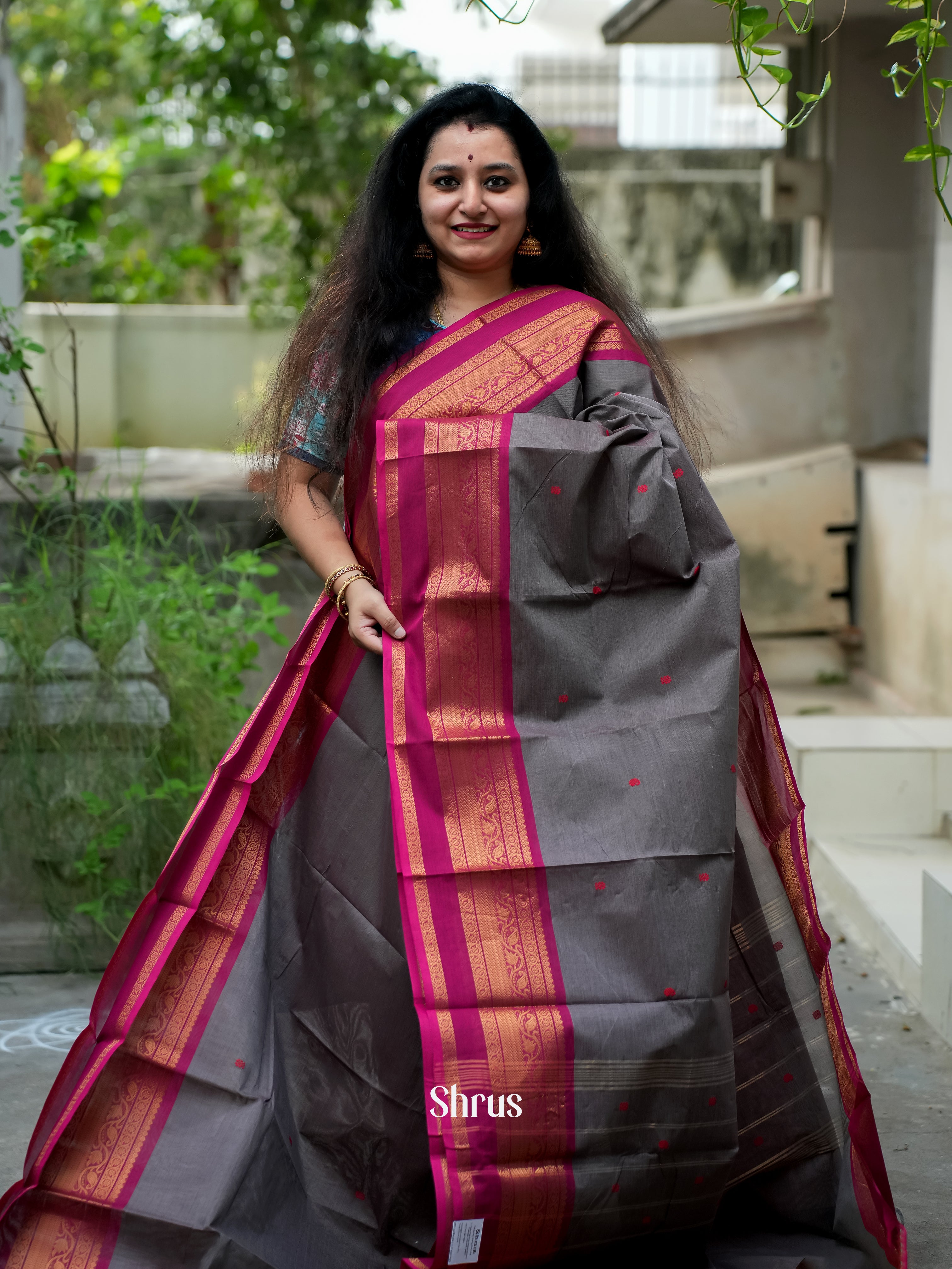 Grey & Majenta - Chettinad Cotton Saree - Shop on ShrusEternity.com