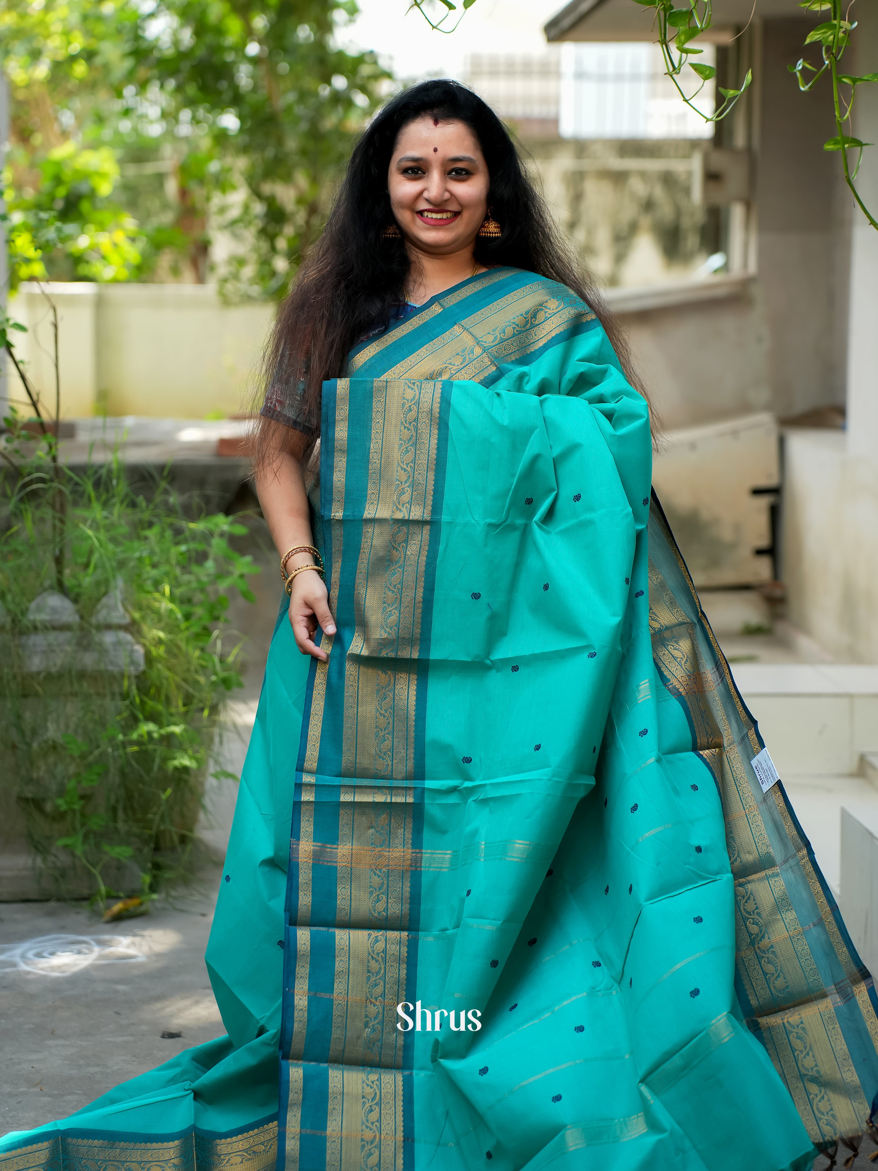 Sky Blue & Blue - Chettinad Cotton Saree - Shop on ShrusEternity.com