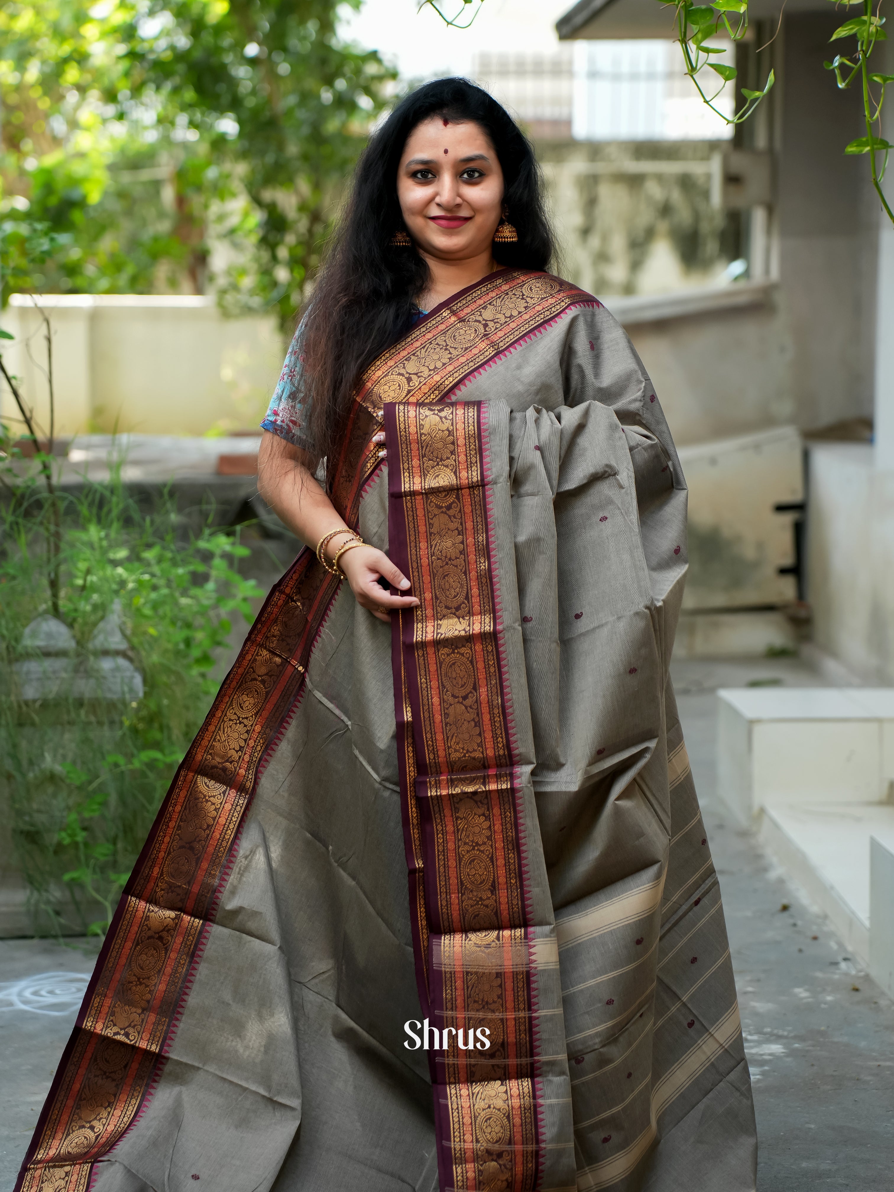 Grey & Purple- Chettinad Cotton Saree - Shop on ShrusEternity.com