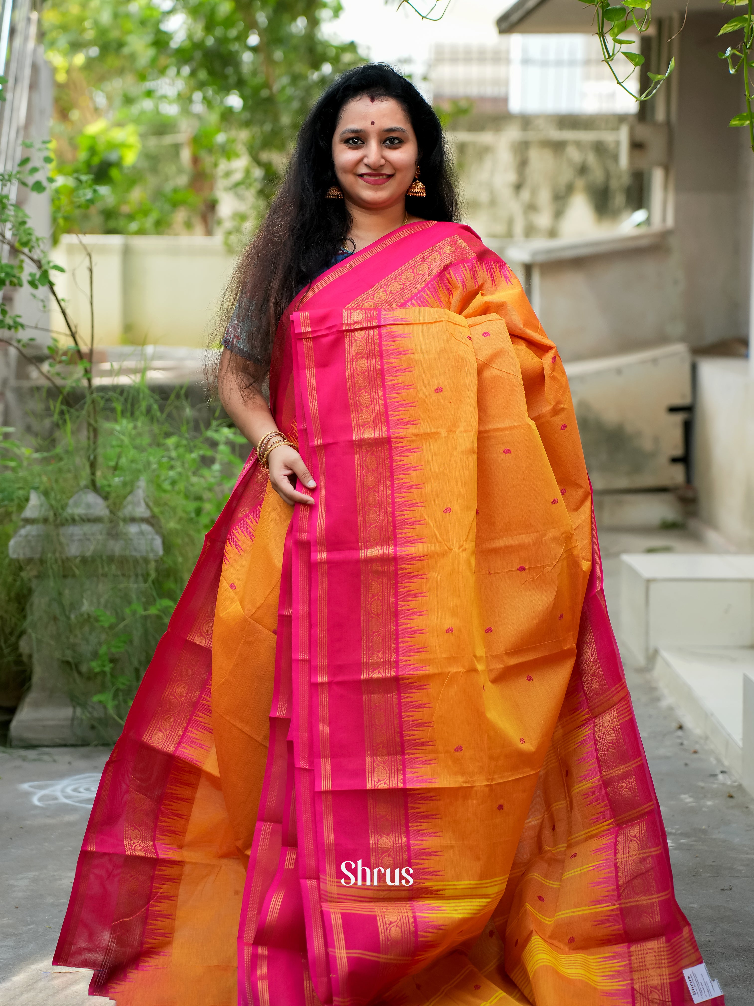 Orange & Pink - Chettinad Cotton Saree - Shop on ShrusEternity.com