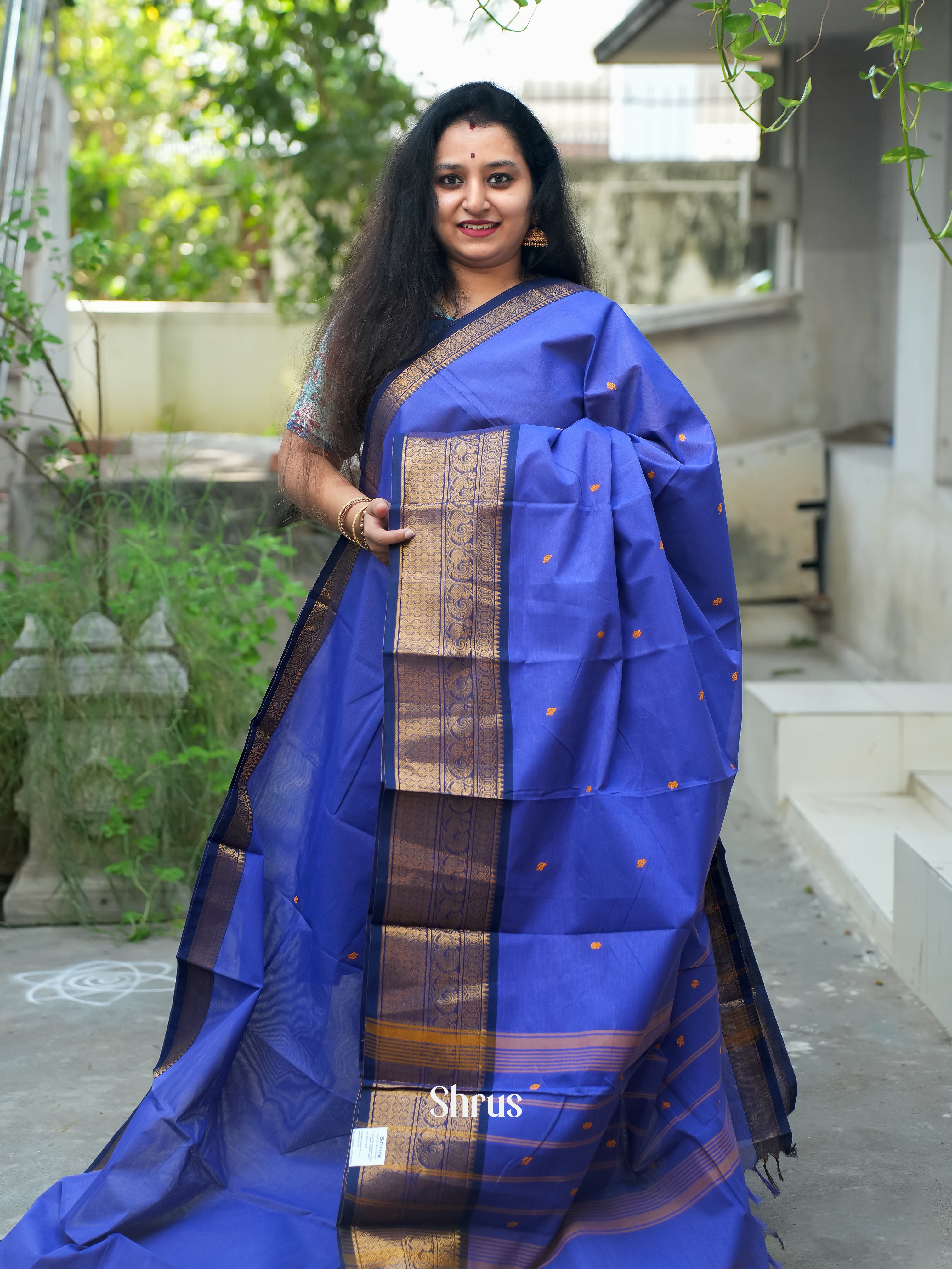 Blue & Navy Blue - Chettinad Cotton Saree - Shop on ShrusEternity.com