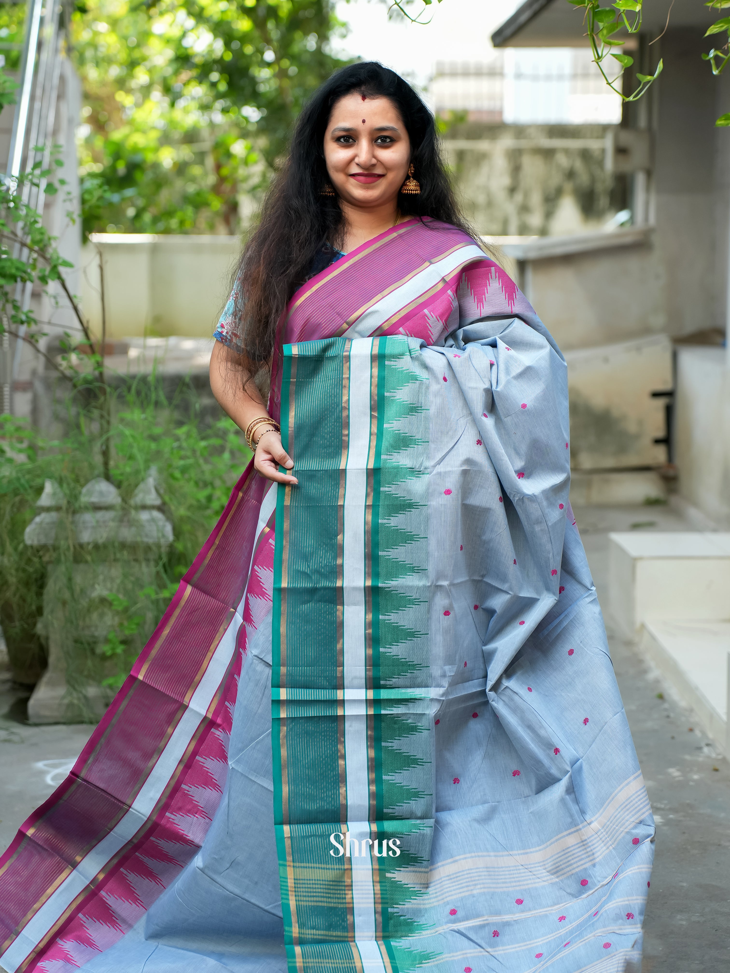 Bluish Grey & Green - Chettinad Cotton Saree - Shop on ShrusEternity.com