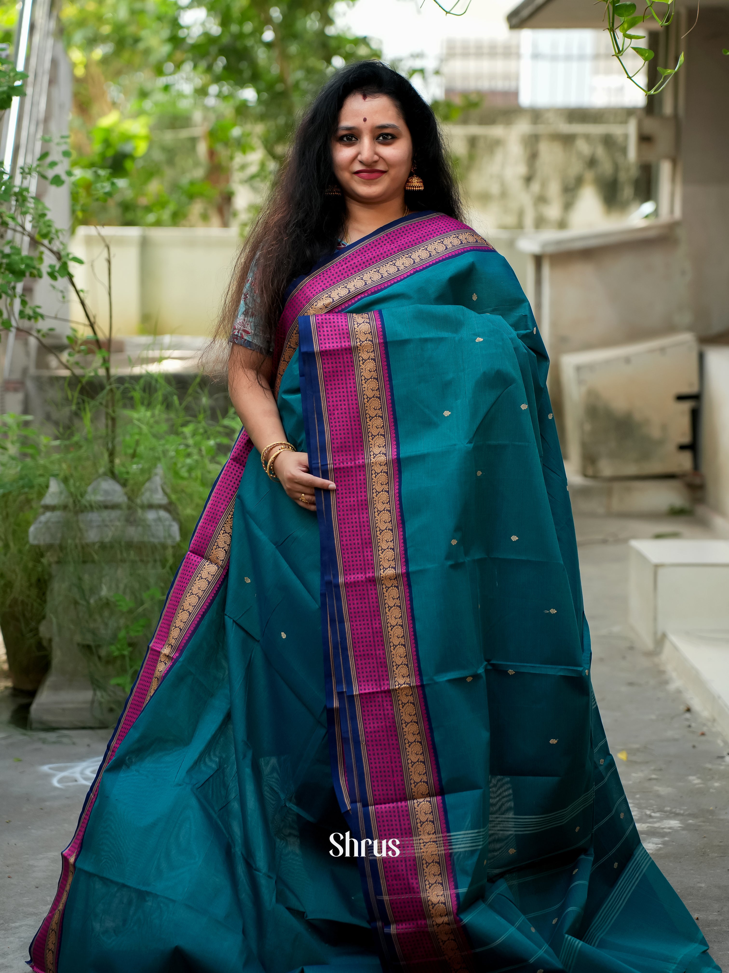 Peacock Green & Pink - Chettinad Cotton Saree - Shop on ShrusEternity.com