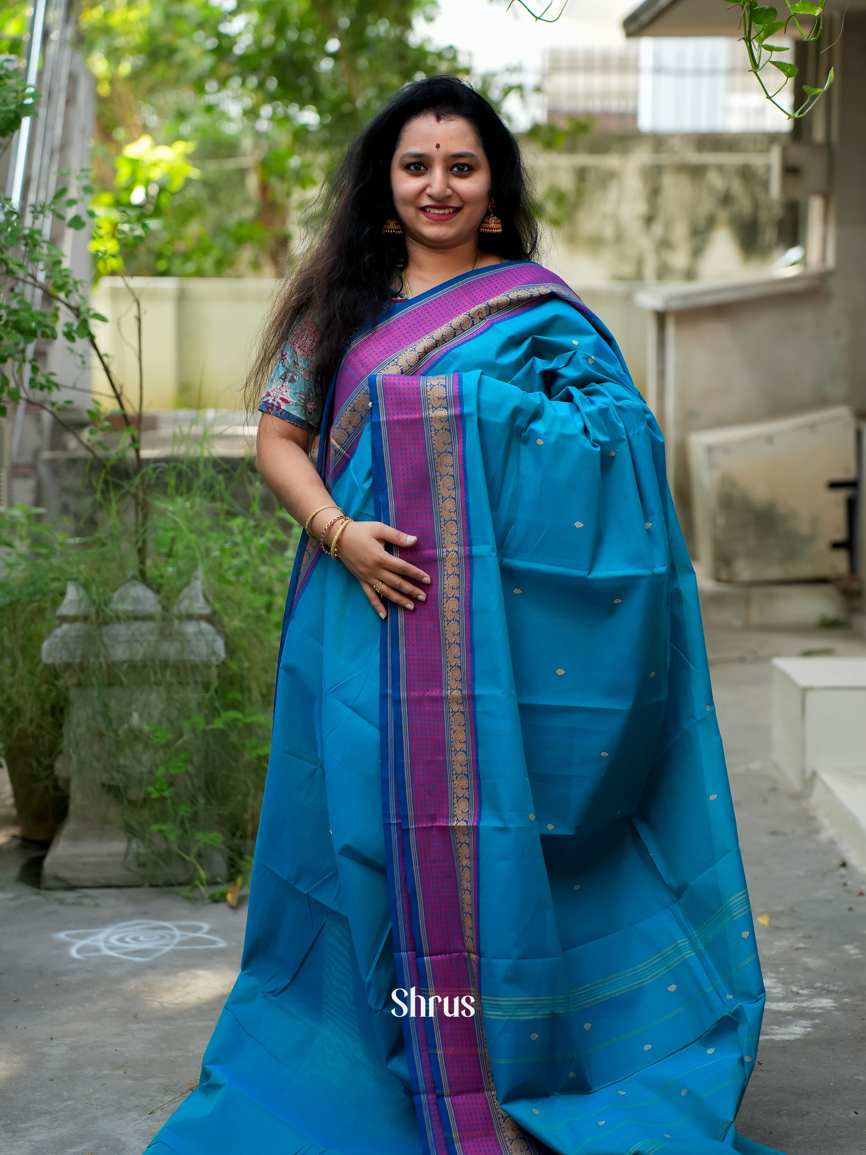 Blue & Pink - Chettinad Cotton Saree - Shop on ShrusEternity.com