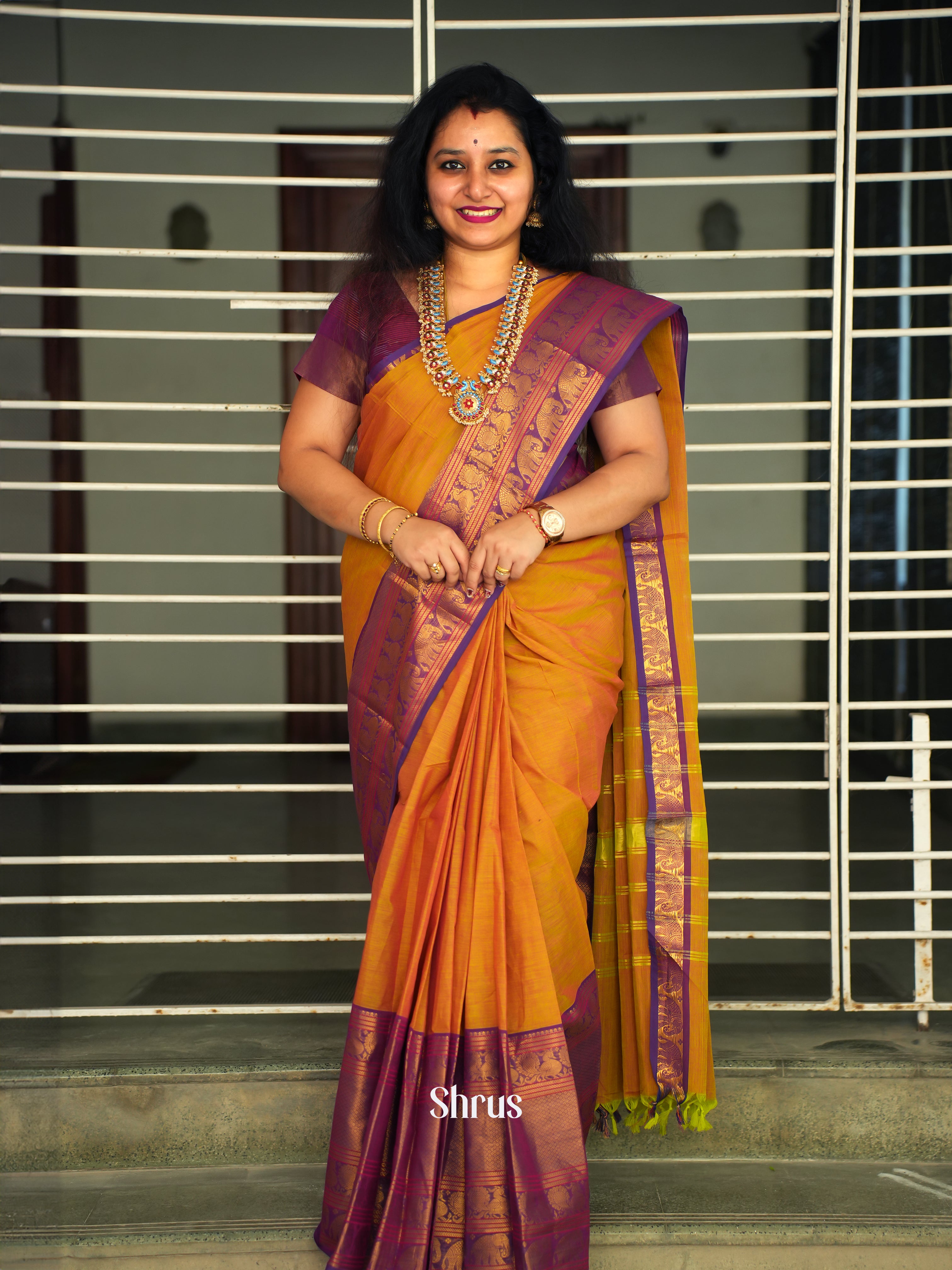 Orange & Purple - Narayanpet Cotton Saree - Shop on ShrusEternity.com