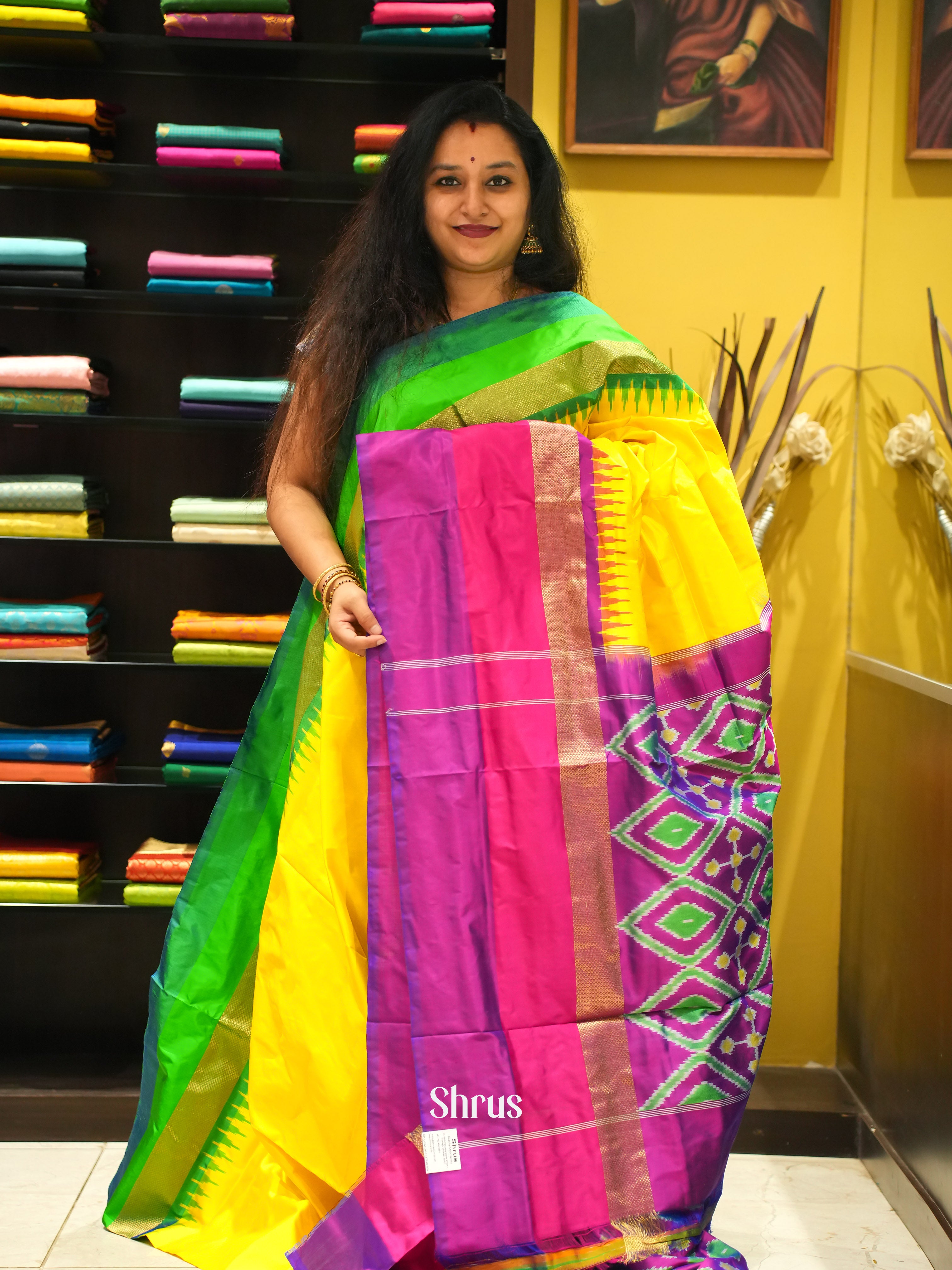 Yellow & Purple - Ikkat Silk Saree - Shop on ShrusEternity.com